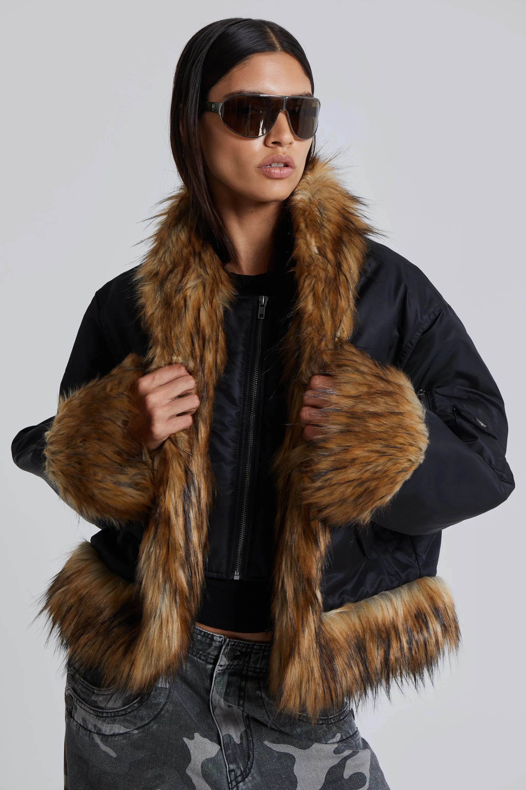 Evren Faux Fur Bomber Jacket in Black sold by Jaded London product image thumbnail 5