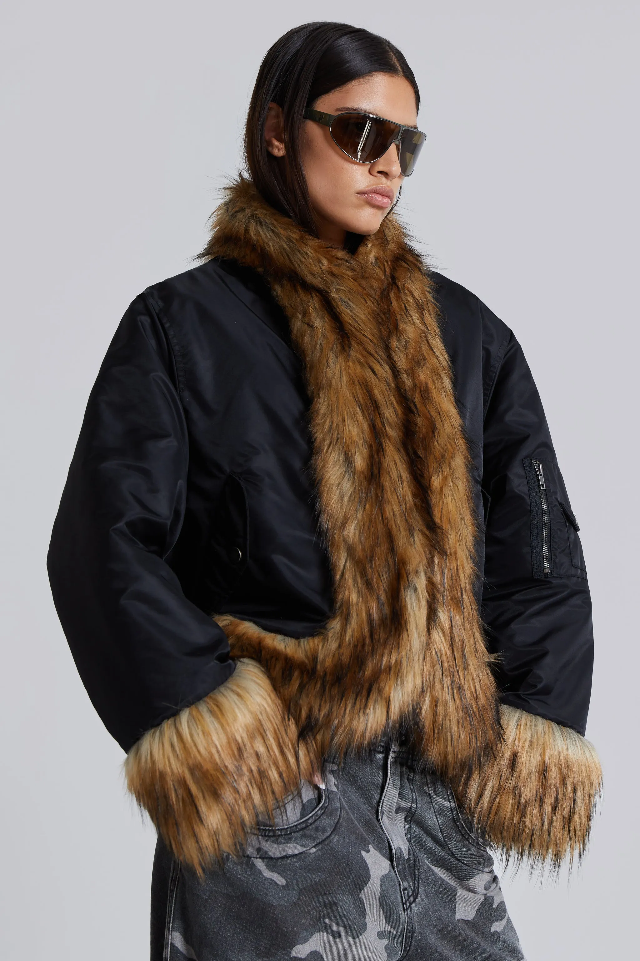 Evren Faux Fur Bomber Jacket in Black sold by Jaded London product image thumbnail 2