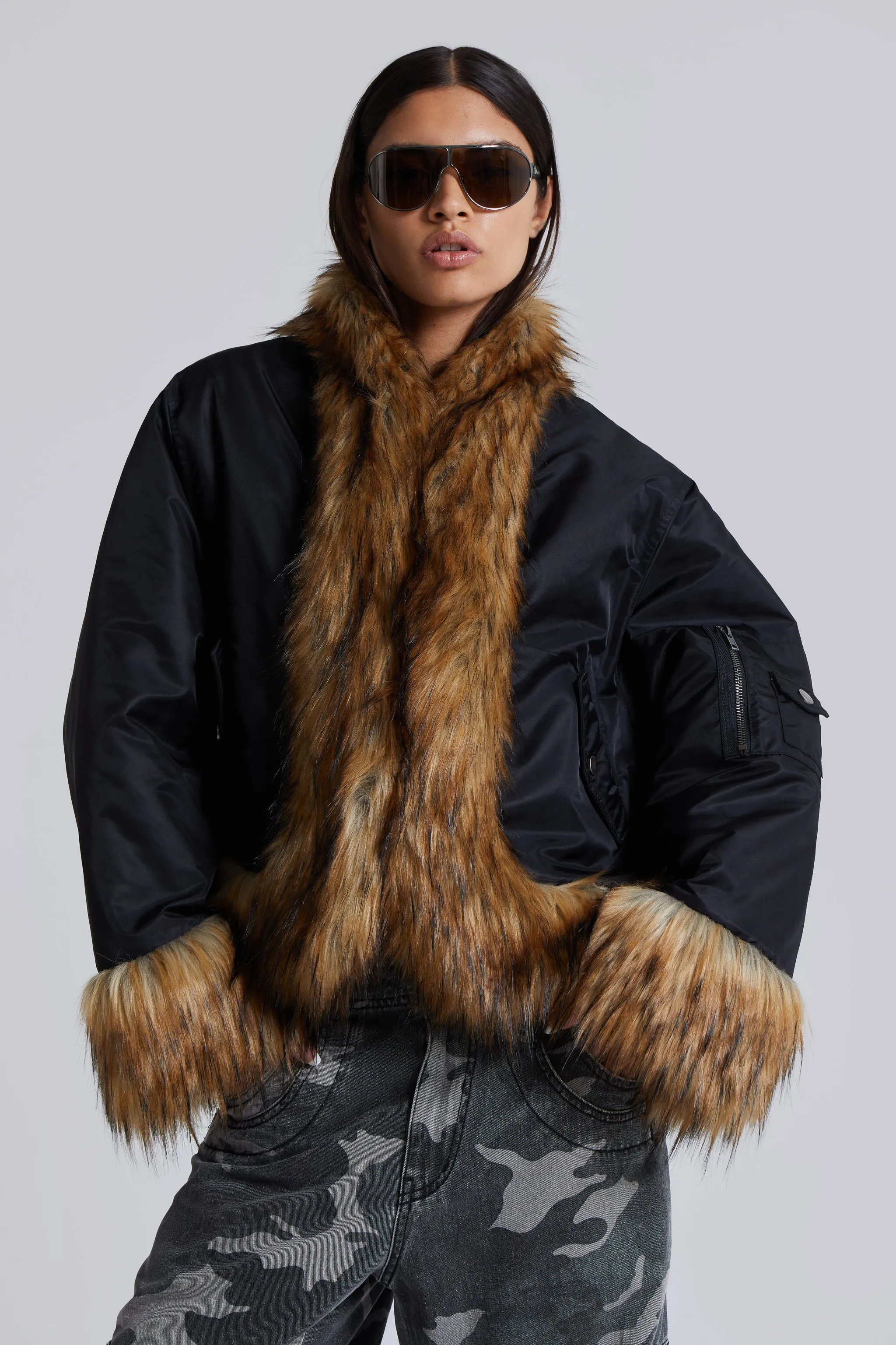 Evren Faux Fur Bomber Jacket in Black sold by Jaded London product image thumbnail 3