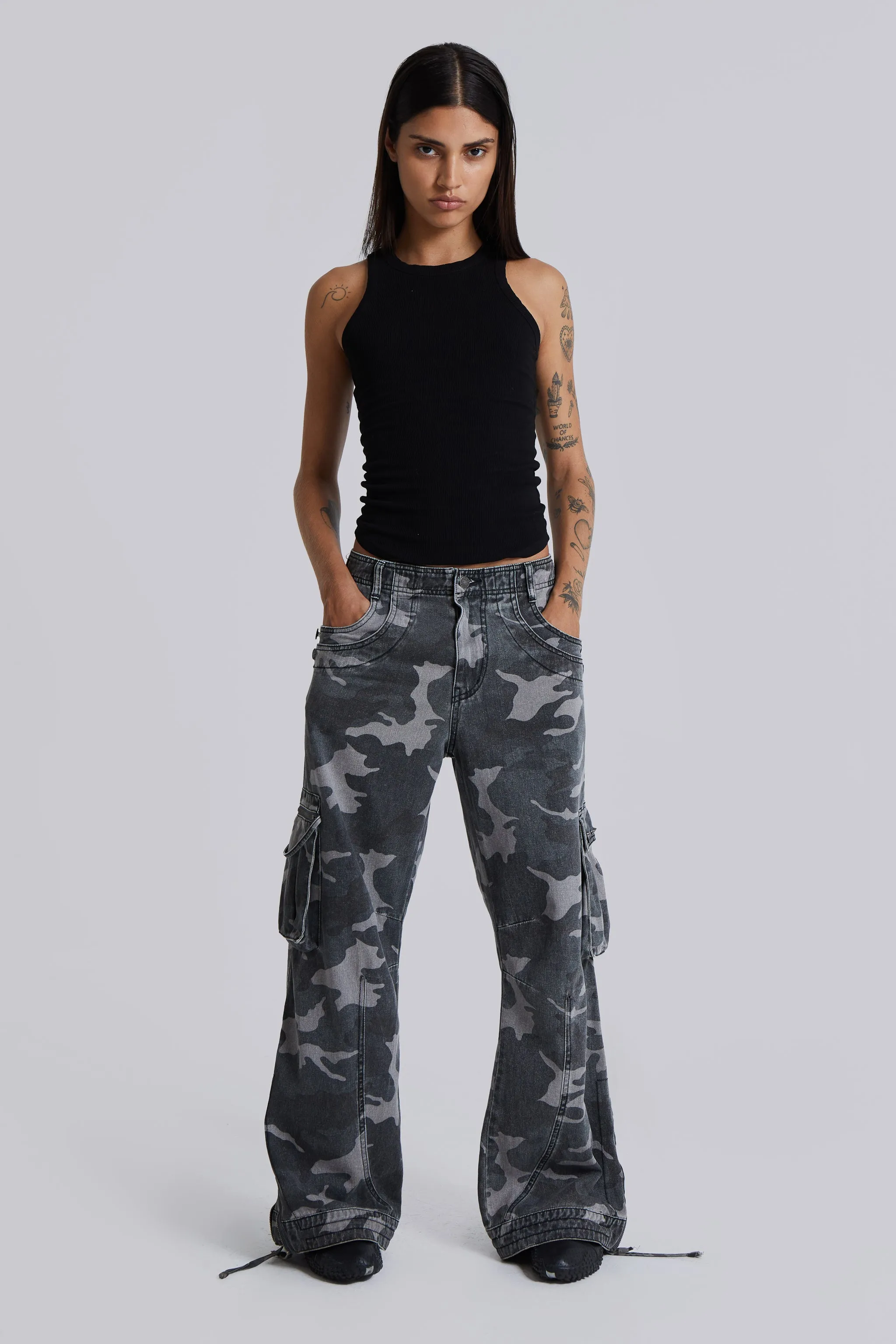 Washed Black Trooper Camo Cargo Pant sold by Jaded London