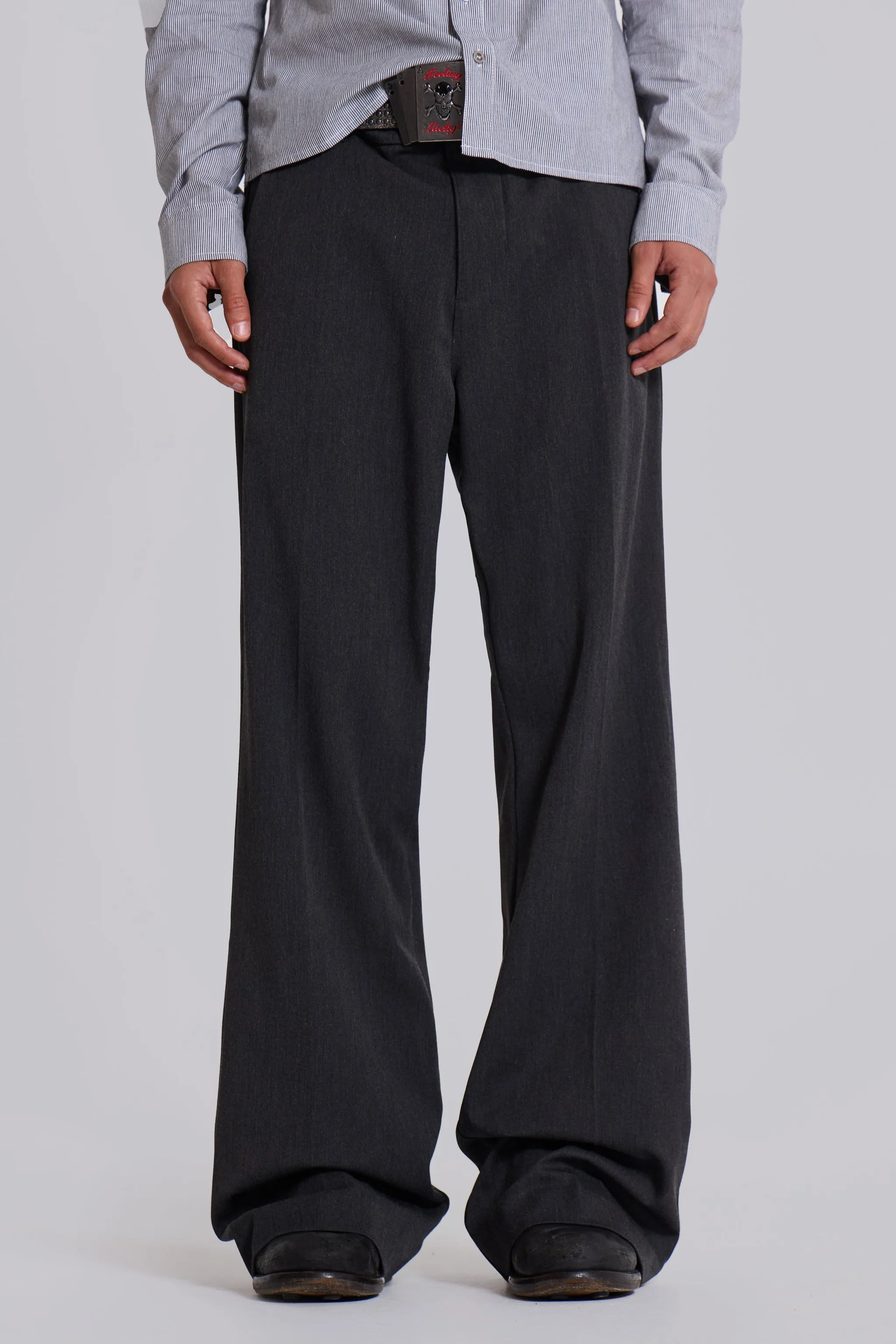 Grey Stacked Bootcut Suit Pants sold by Jaded London