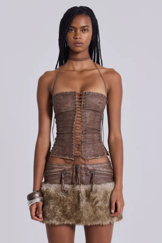 Odile Brown Faux Leather Lace Up Corset sold by Jaded London