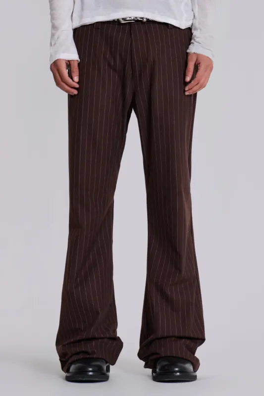 Brown Pinstripe Stacked Bootcut Suit Pants sold by Jaded London