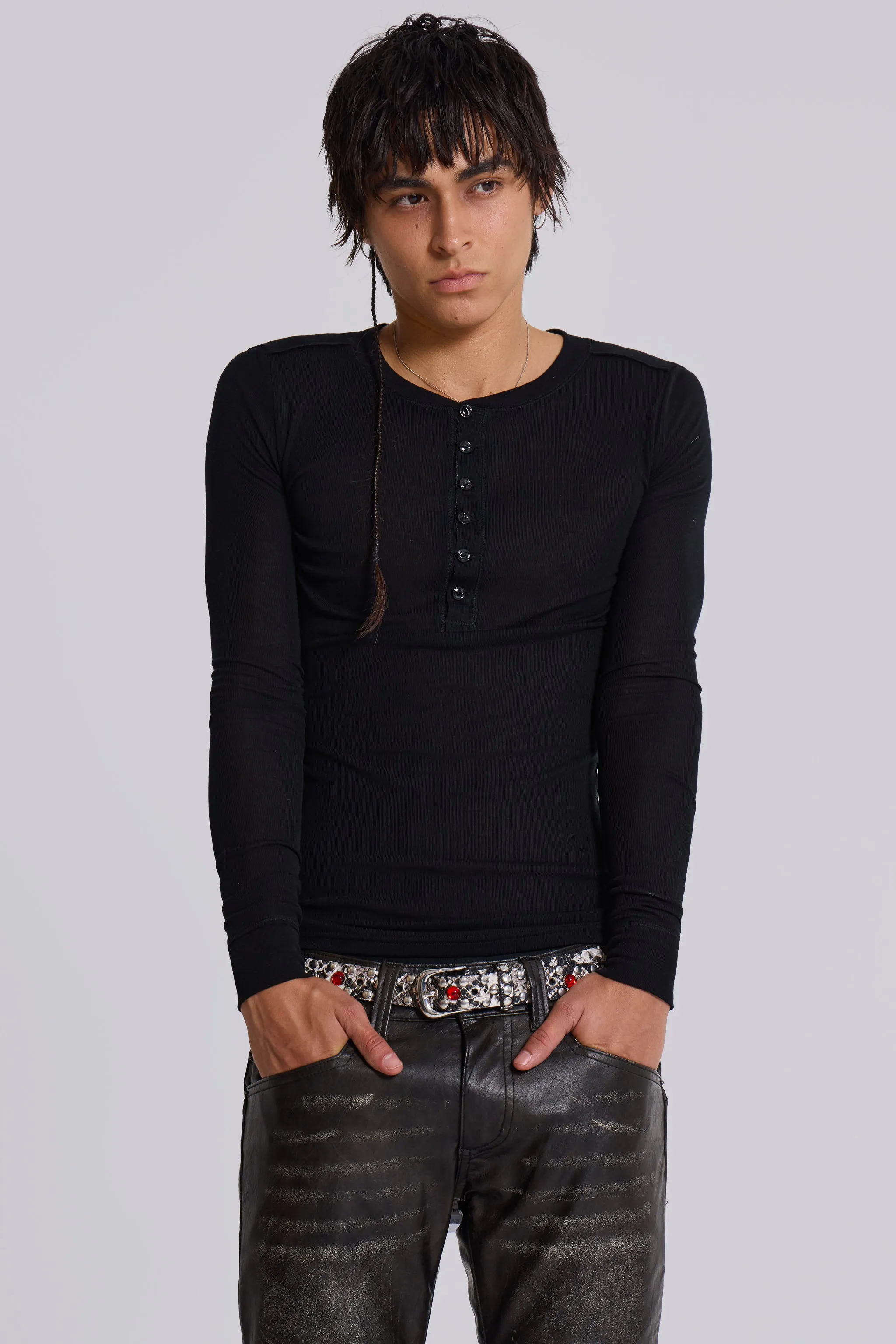 トップス Jaded London INES BLACK HENLEY TOP Ines Waffle White Long Sleeve Tee | Jaded London | Clothing