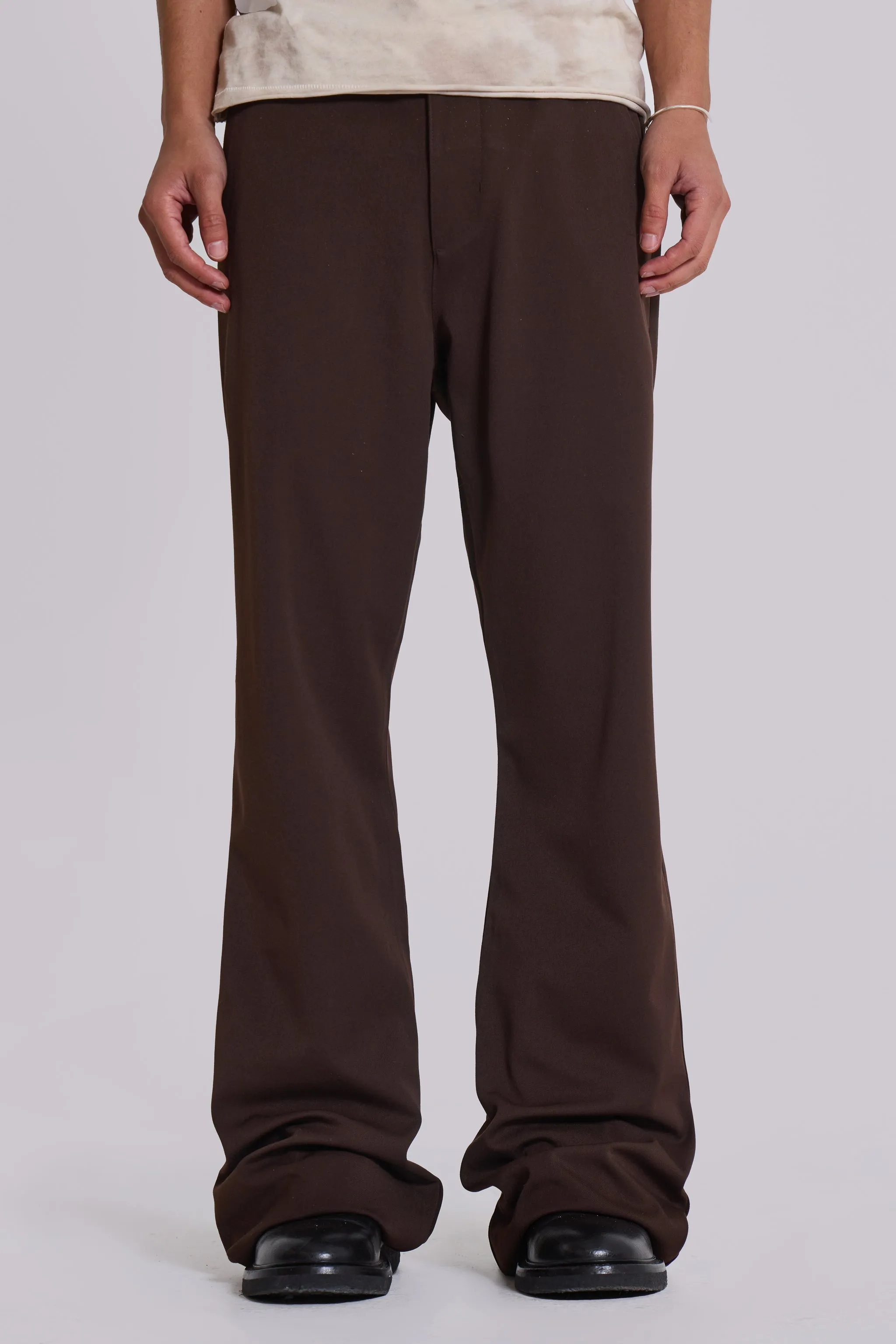 Brown Stacked Bootcut Suit Pants sold by Jaded London