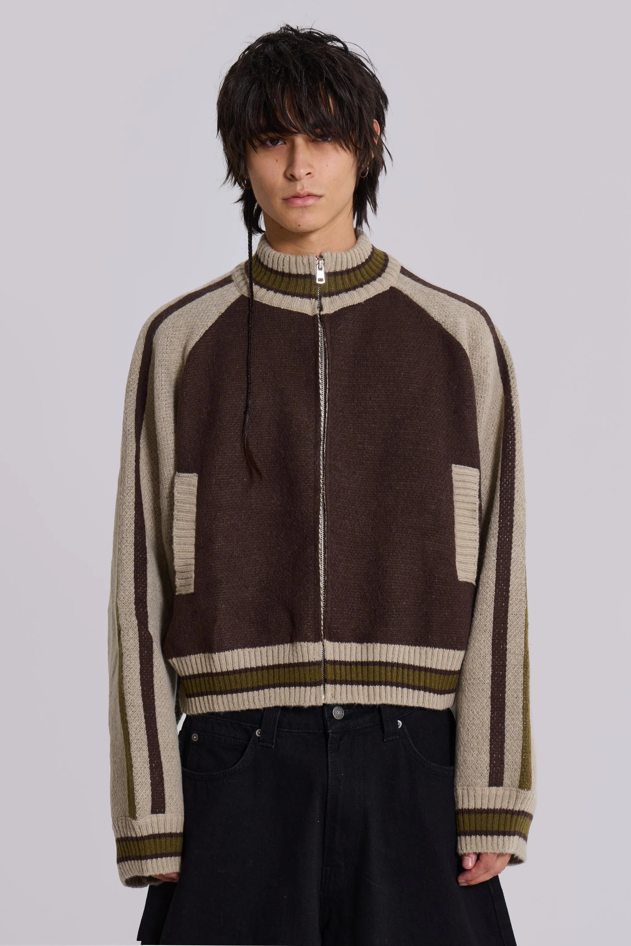 Brown Team 85 Knitted Bomber Jacket sold by Jaded London product image thumbnail 4