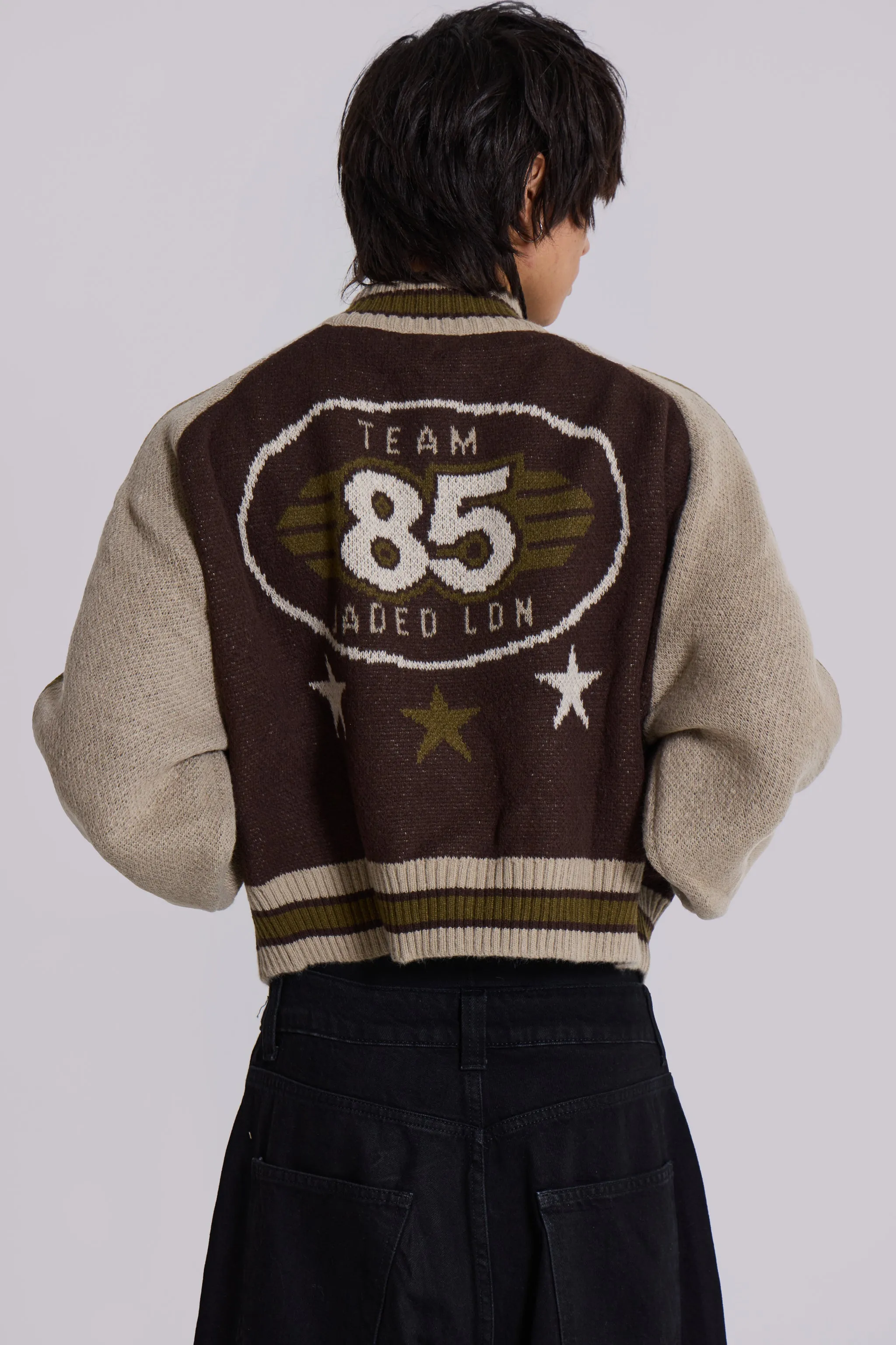 Brown Team 85 Knitted Bomber Jacket sold by Jaded London