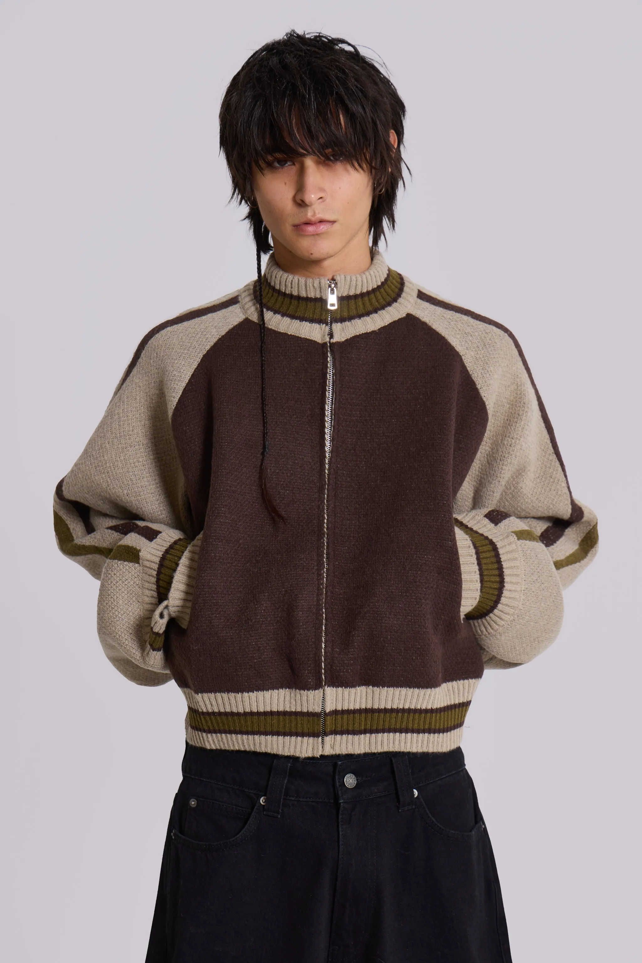 Brown Team 85 Knitted Bomber Jacket sold by Jaded London product image thumbnail 2