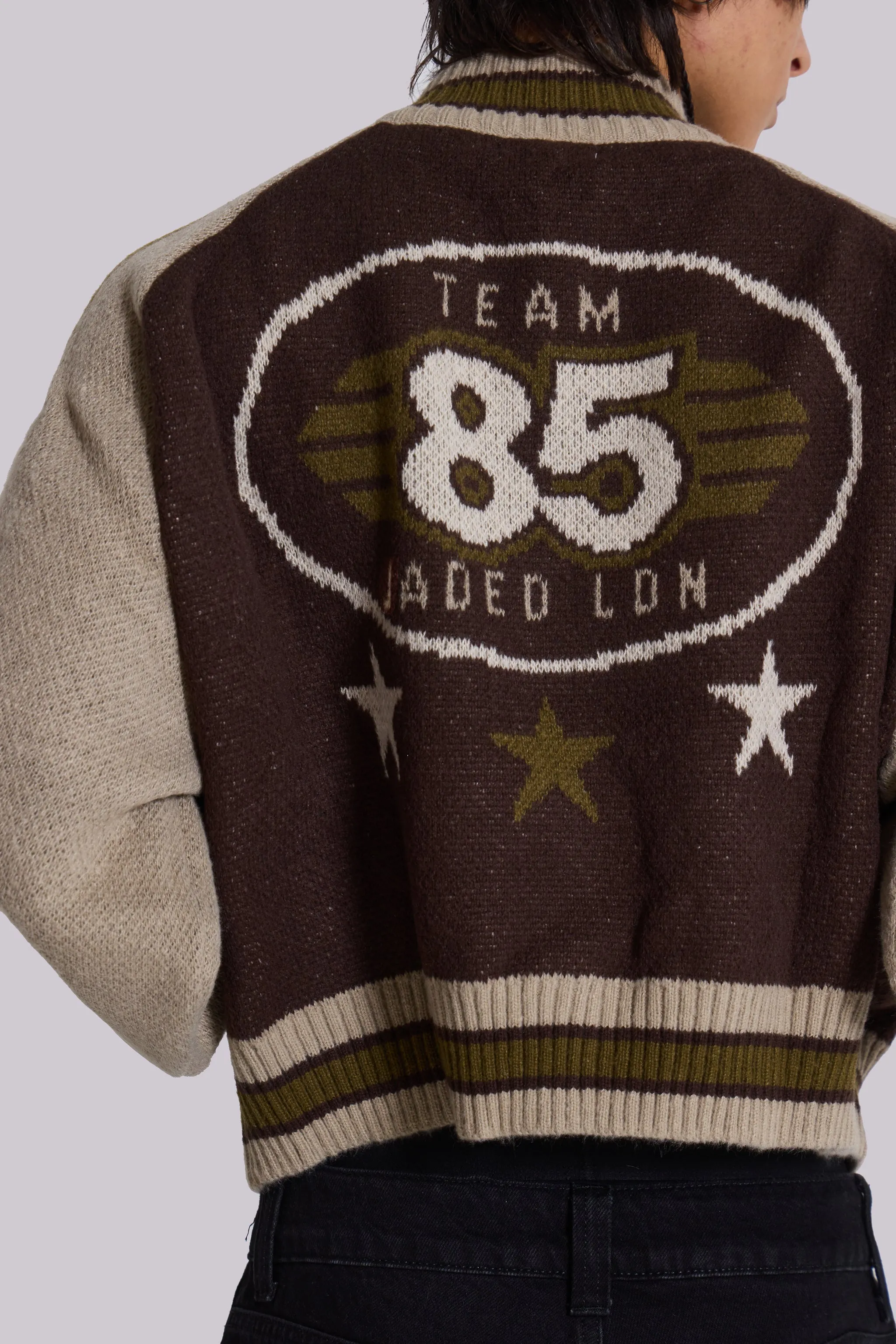 Brown Team 85 Knitted Bomber Jacket sold by Jaded London product image thumbnail 5