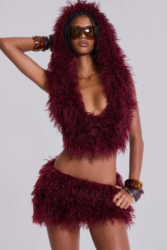 Haka Mongolian Faux Fur Backless Top in Wine sold by Jaded London