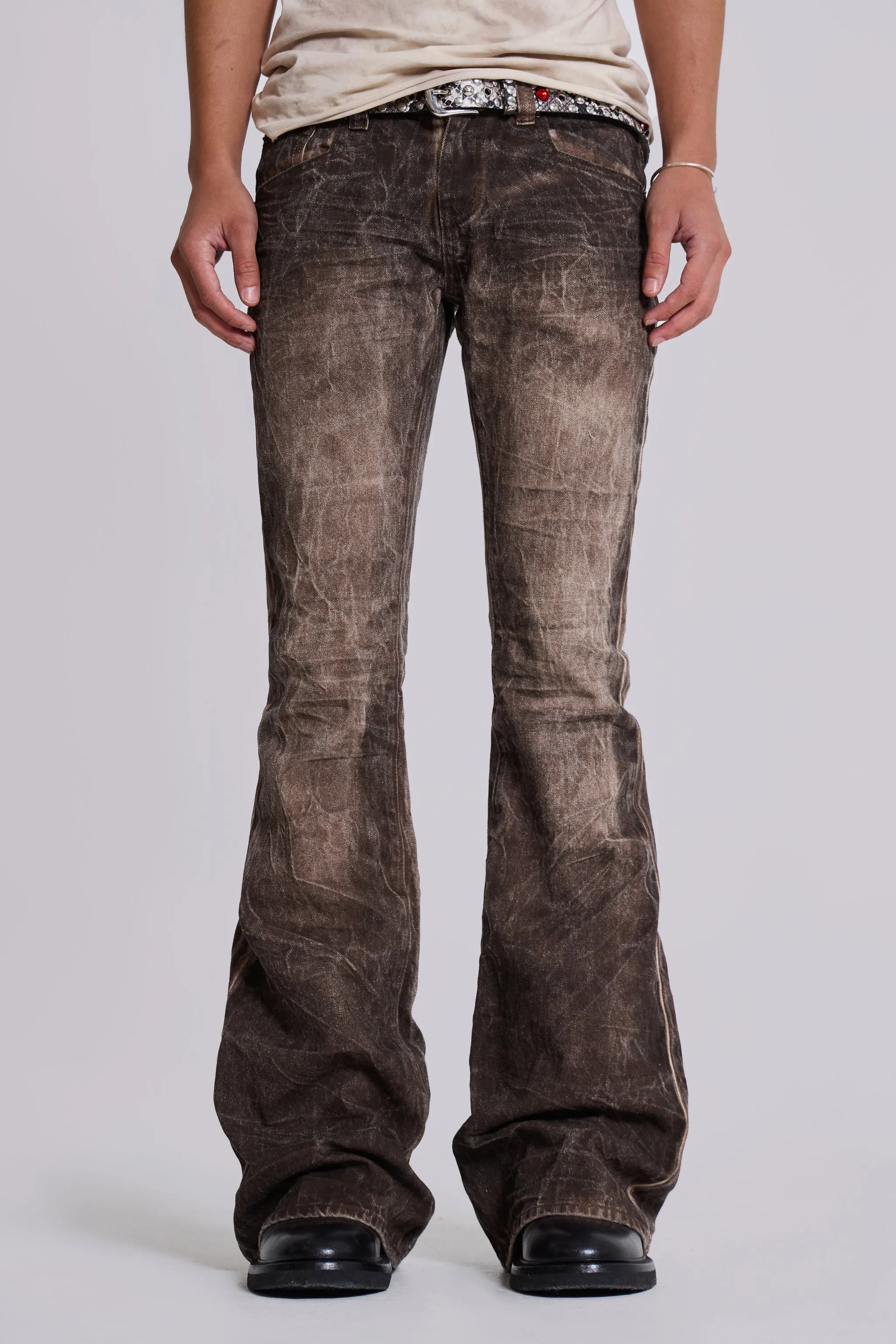 Brown Creased Drift Flared Jeans sold by Jaded London