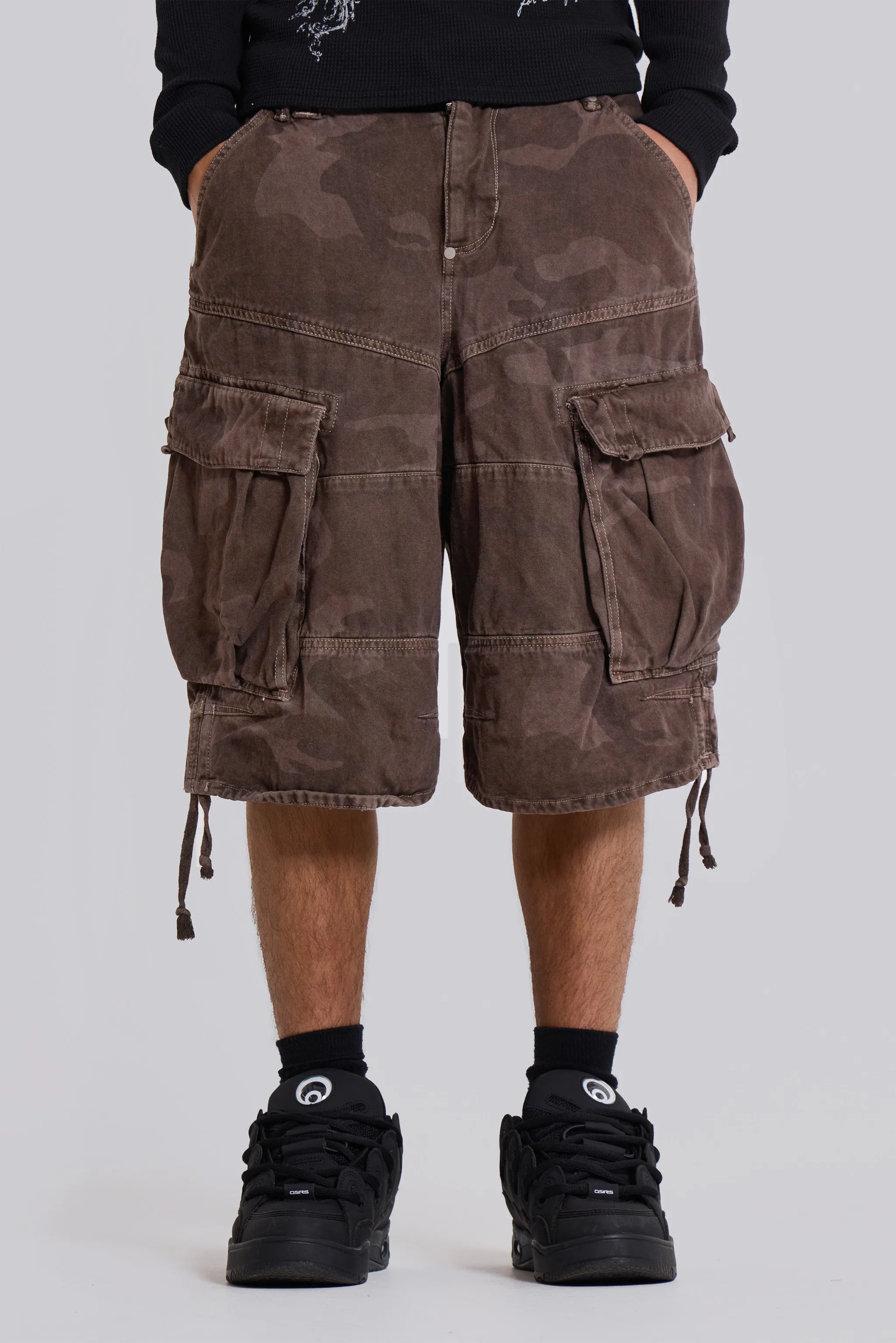 Cadet Brown Camo Baggy Shorts sold by Jaded London