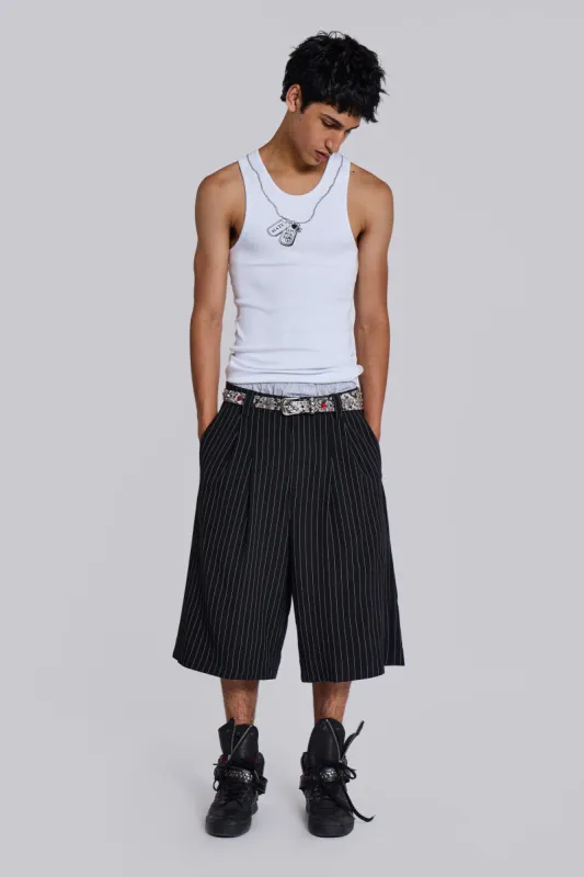 Black Pinstripe Goliath Baggy Shorts sold by Jaded London