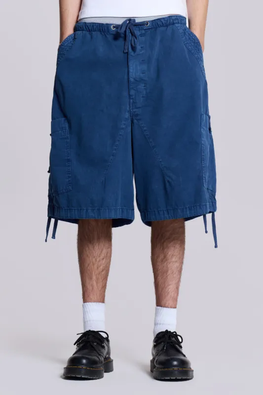 Washed Navy Parachute Baggy Shorts sold by Jaded London