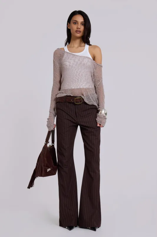 Brown Pinstripe Stacked Bootcut Suit Pants sold by Jaded London