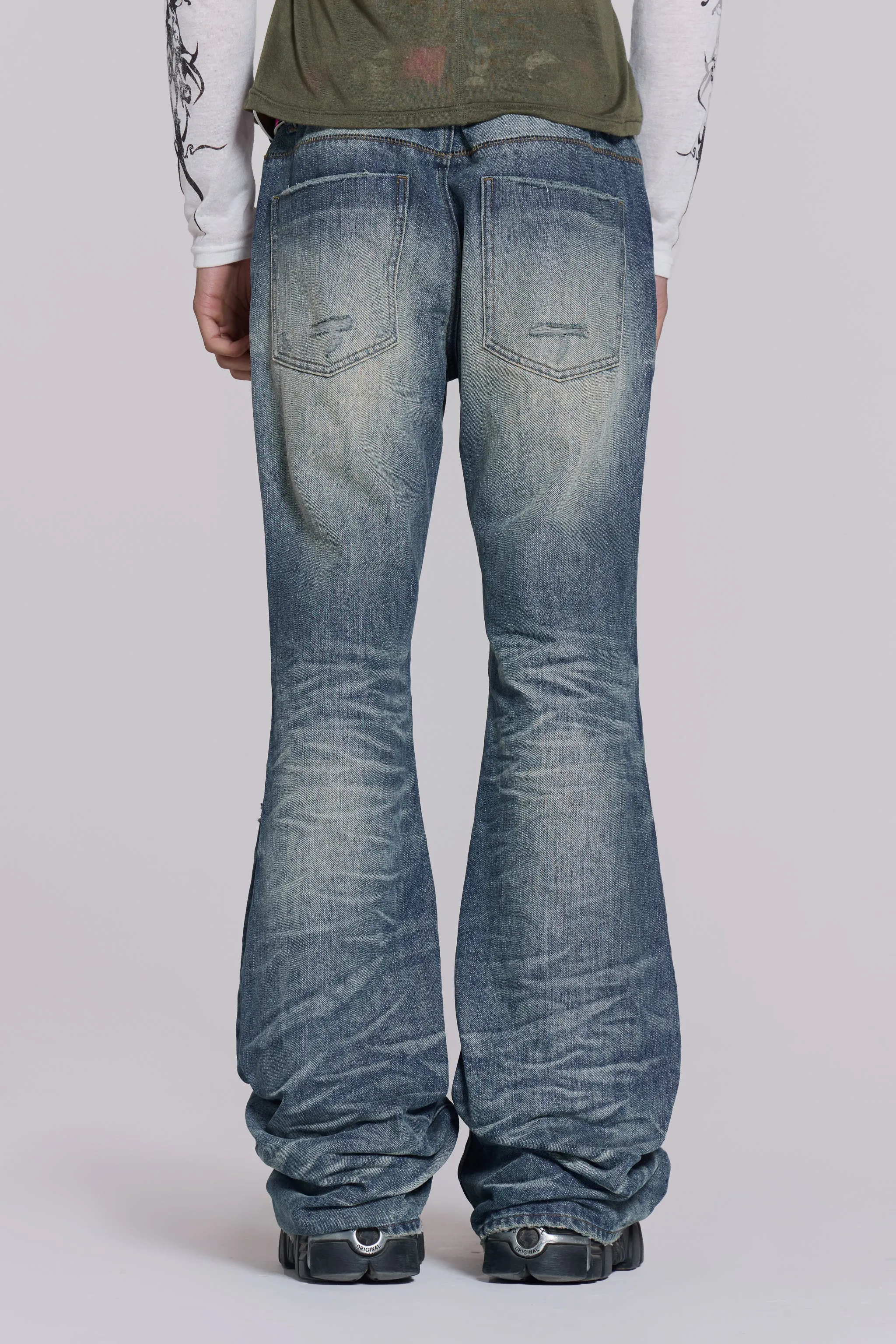 Mid Blue Distressed Creased Drift Flared Jeans sold by Jaded London product image thumbnail 3