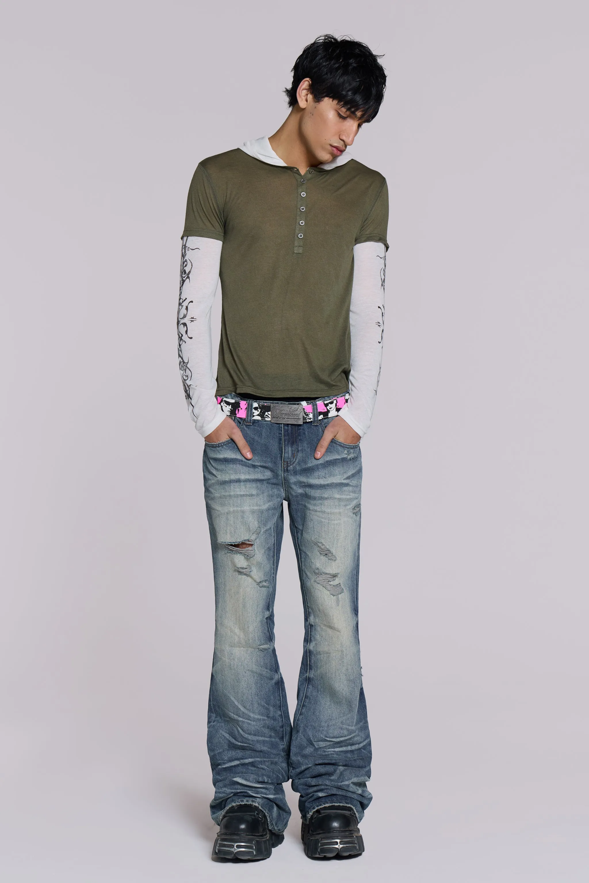 Mid Blue Distressed Creased Drift Flared Jeans sold by Jaded London product image thumbnail 2
