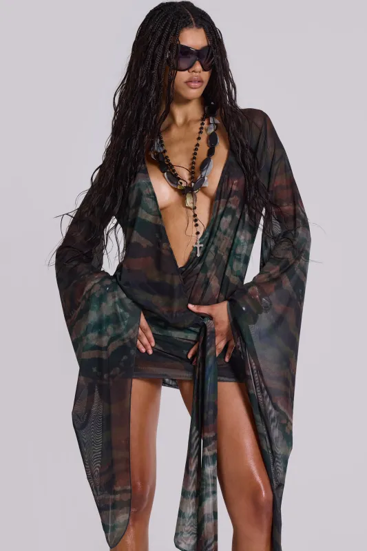 Aria Mesh Plunge Mini Dress in Labyrinth sold by Jaded London