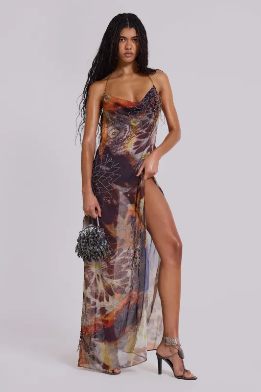 Dahlia Cowl Beaded Backless Chiffon Maxi Dress in Lusco sold by Jaded London