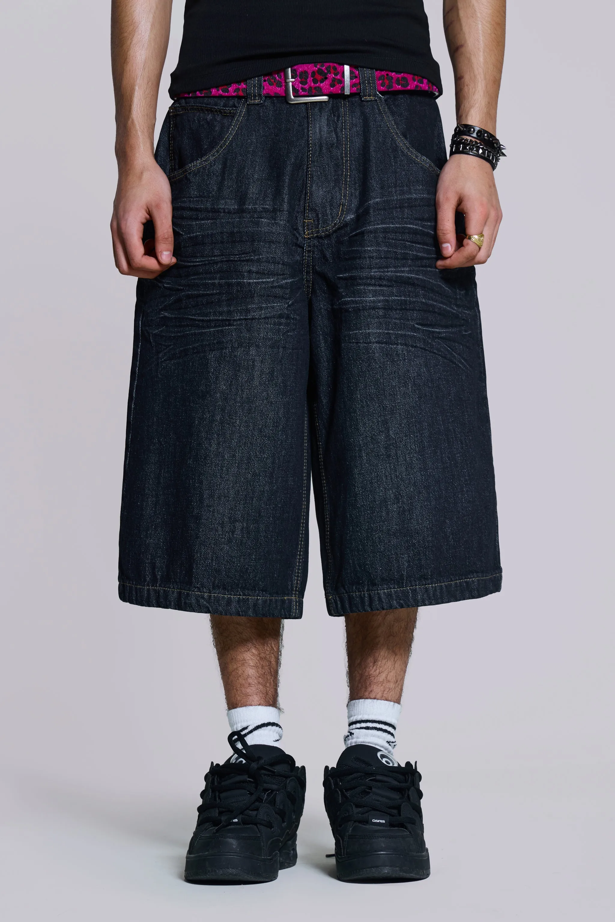 Creased Indigo Colossus Jorts sold by Jaded London
