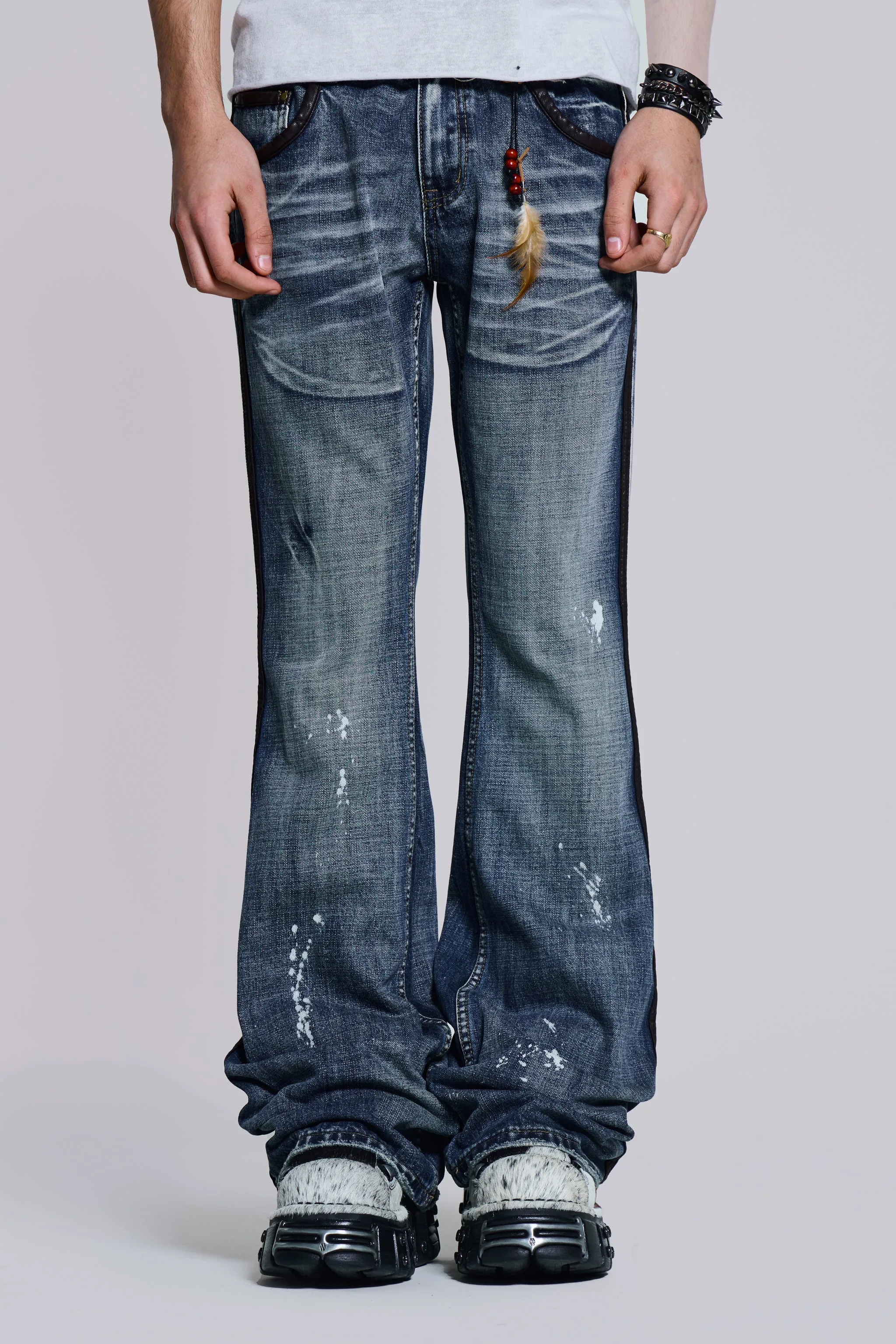 Vintage Blue Feather Drift Flared Jeans sold by Jaded London