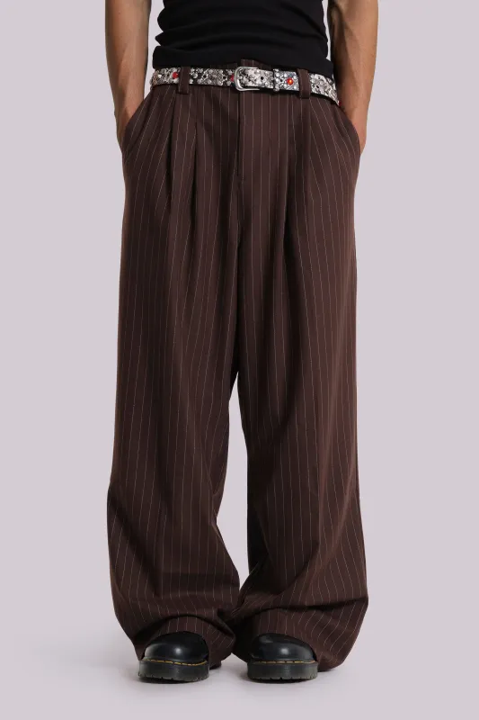 Chocolate Brown Pinstripe Goliath Suit Pants sold by Jaded London