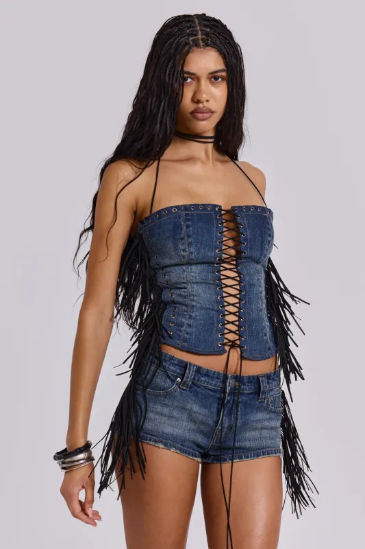 Odile Denim Fringe Lace Up Corset made by Jaded London