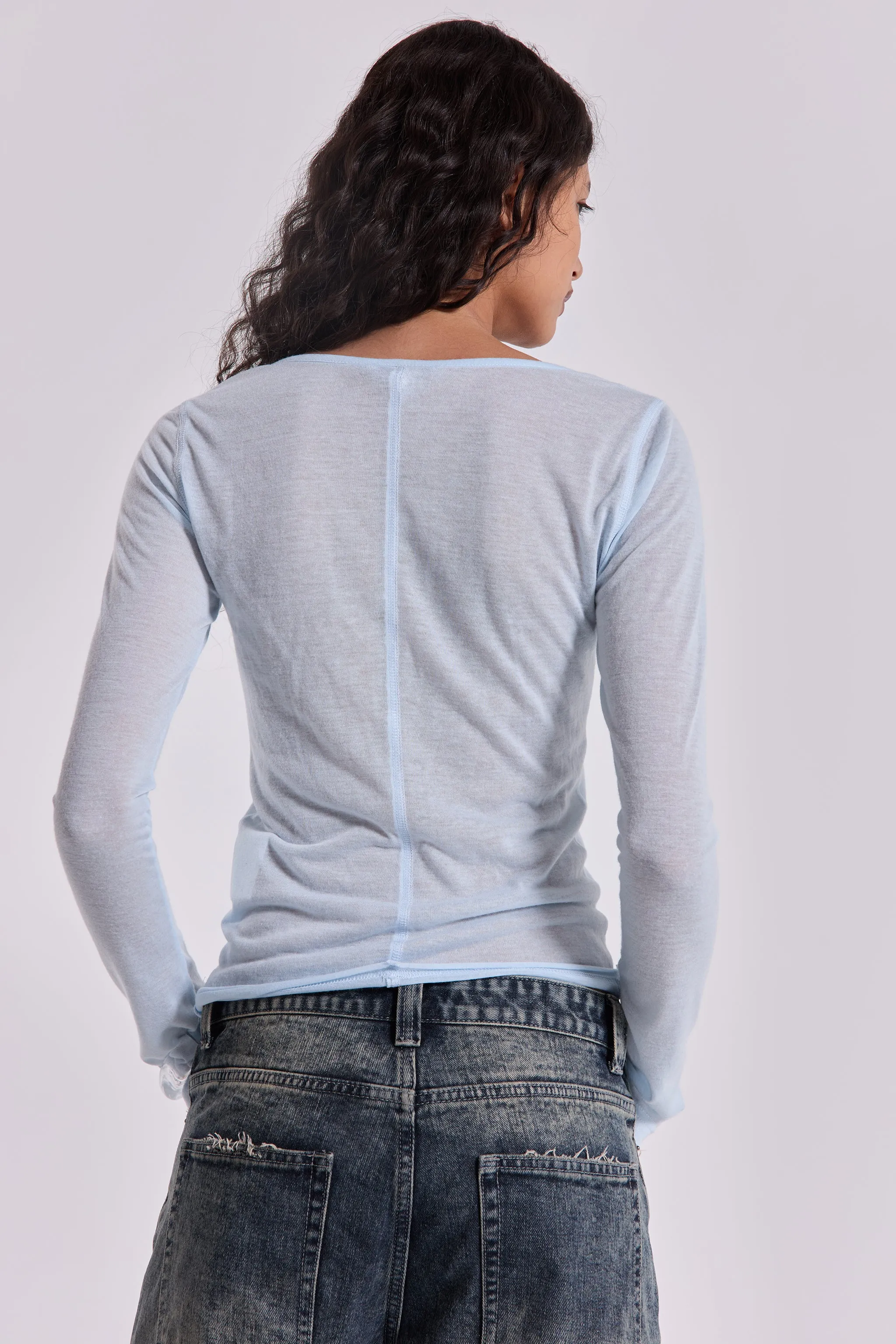 Sheer Henley Top In Sky sold by Jaded London product image thumbnail 4