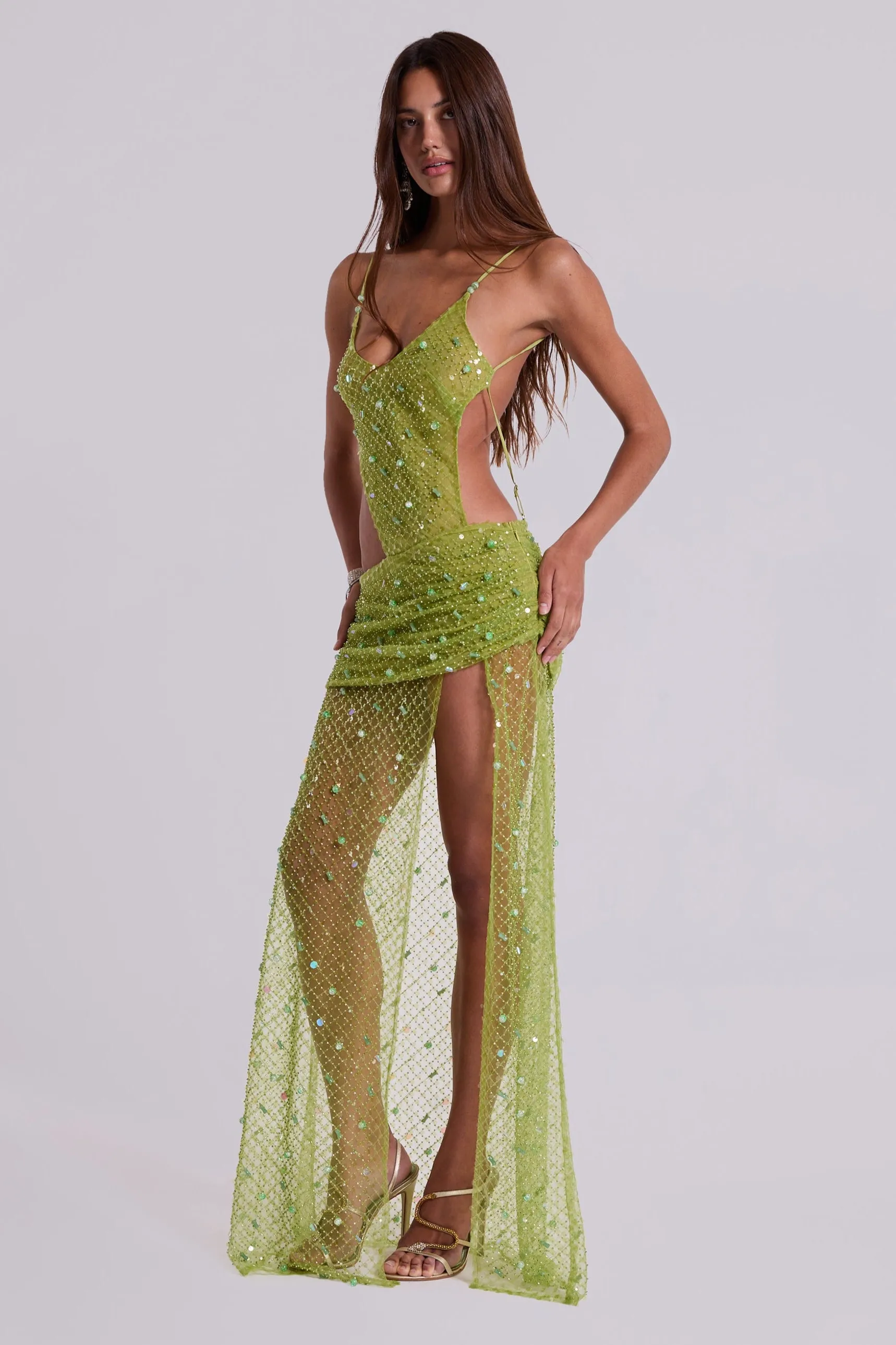 Stellar Asymmetric Hand Beaded Maxi Dress in Lime sold by Jaded London product image thumbnail 4