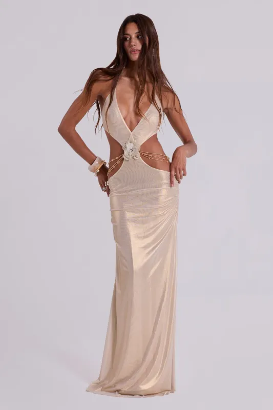 Vida Backless Maxi Dress in Gold made by Jaded London