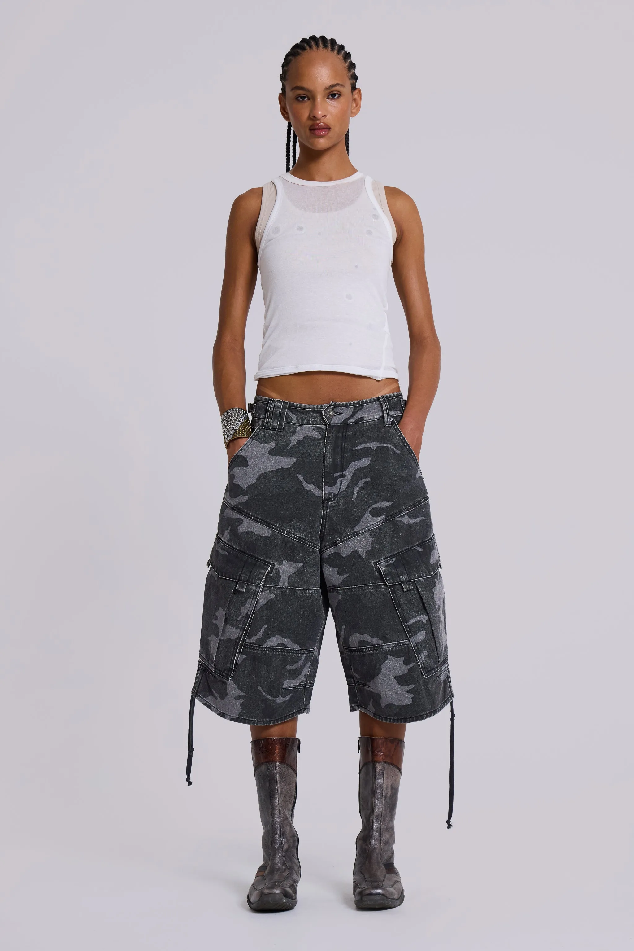 Washed Black Cadet Camo Baggy Shorts sold by Jaded London