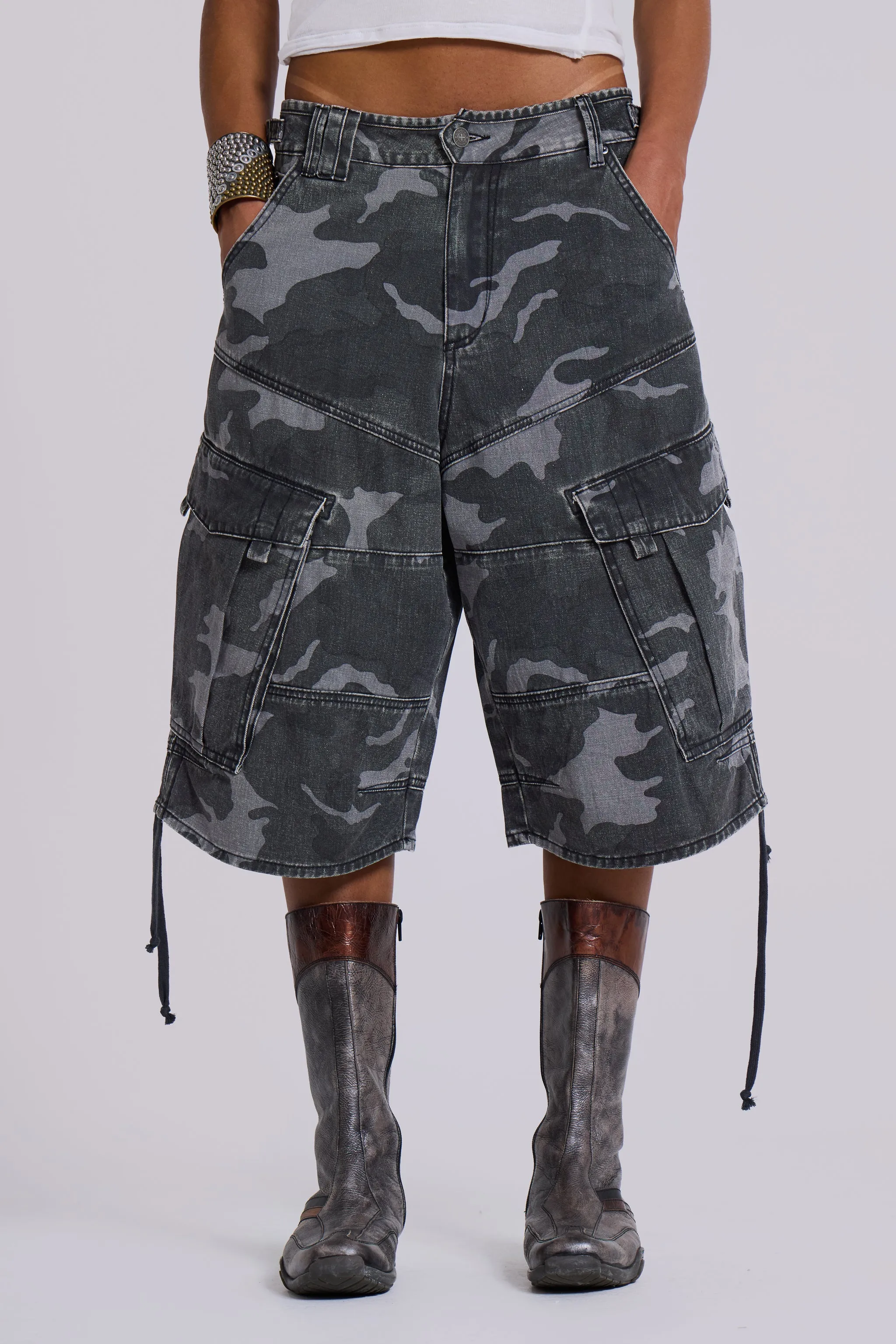 Washed Black Cadet Camo Baggy Shorts sold by Jaded London product image thumbnail 2