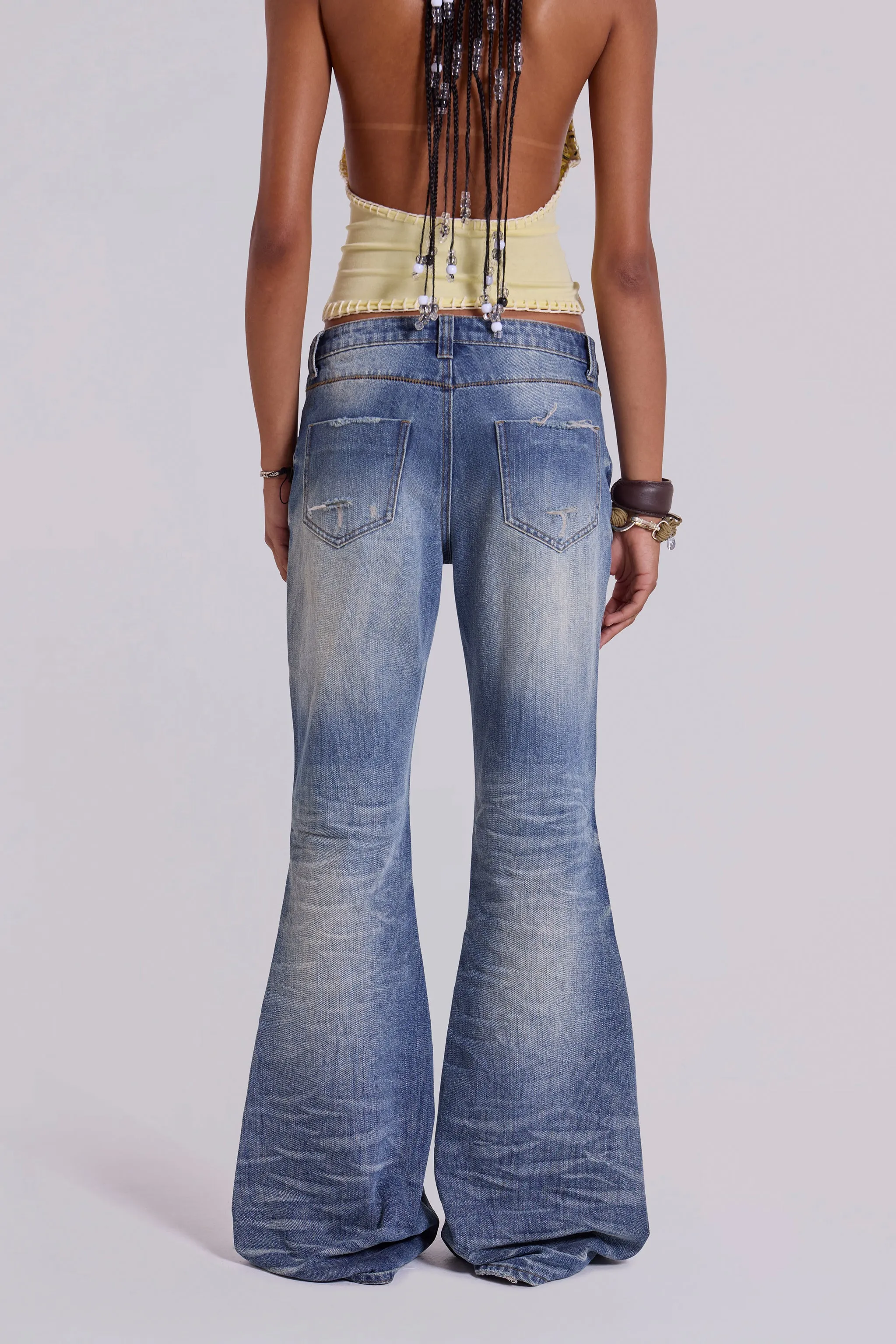 Mid Blue Distressed Creased Drift Flared Jeans sold by Jaded London product image thumbnail 3