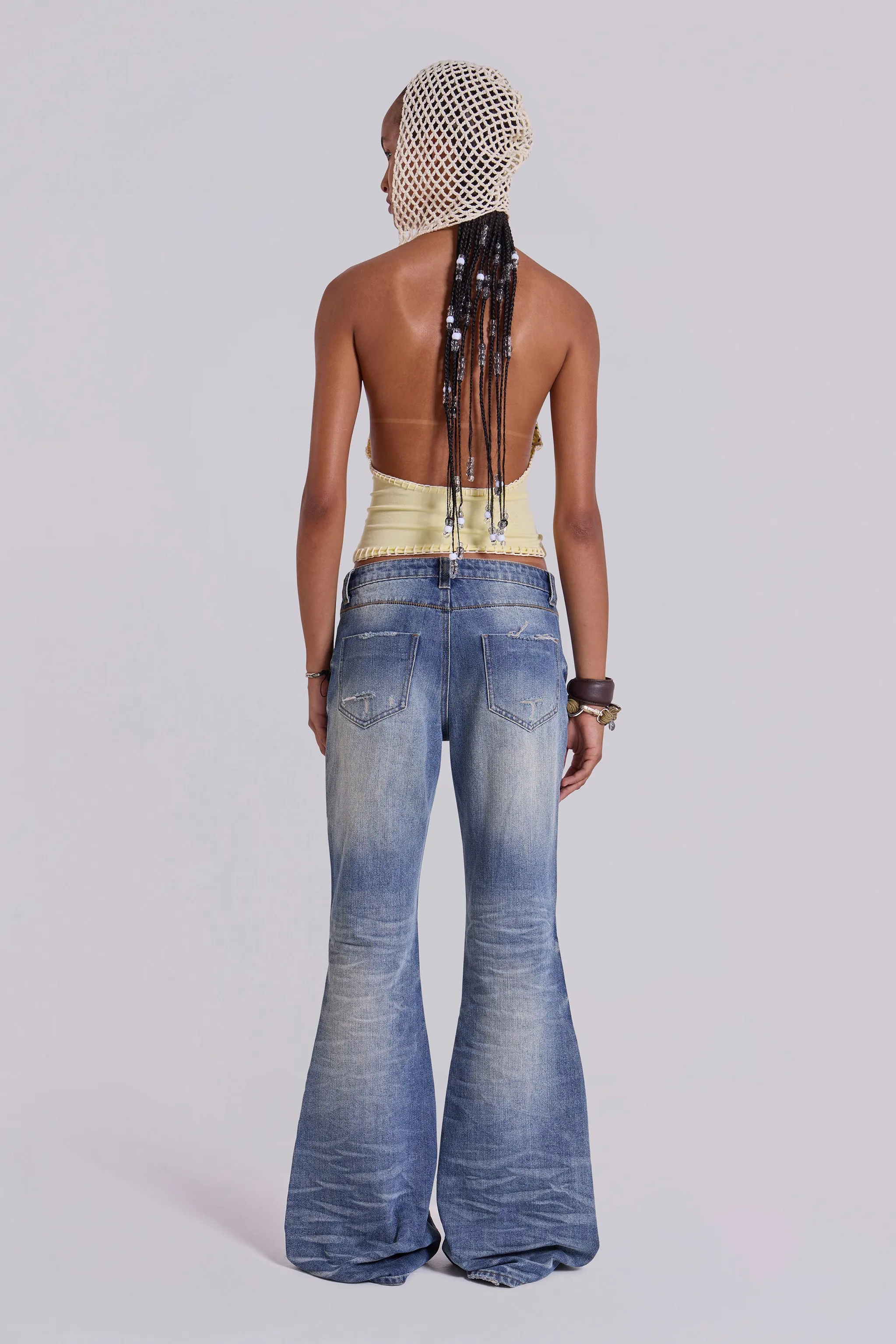 Mid Blue Distressed Creased Drift Flared Jeans sold by Jaded London product image thumbnail 5