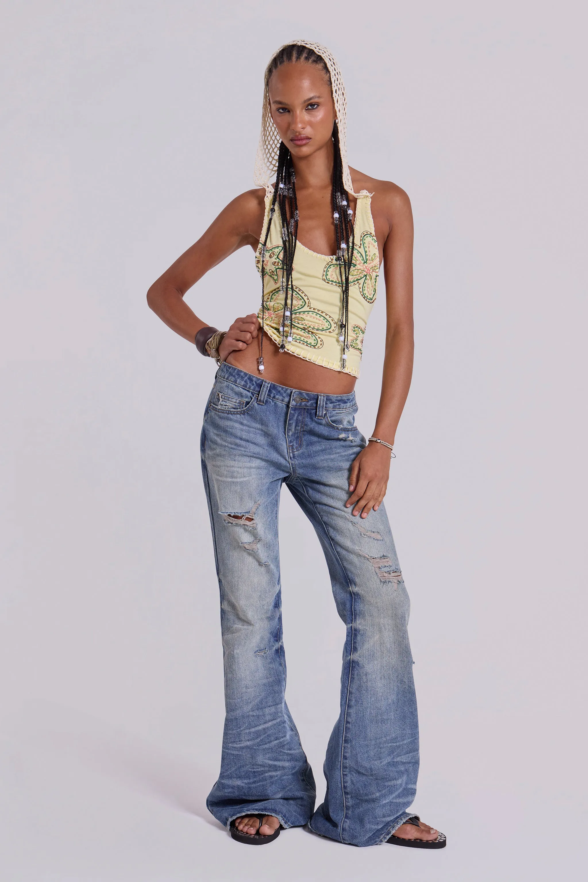 Mid Blue Distressed Creased Drift Flared Jeans sold by Jaded London product image thumbnail 4