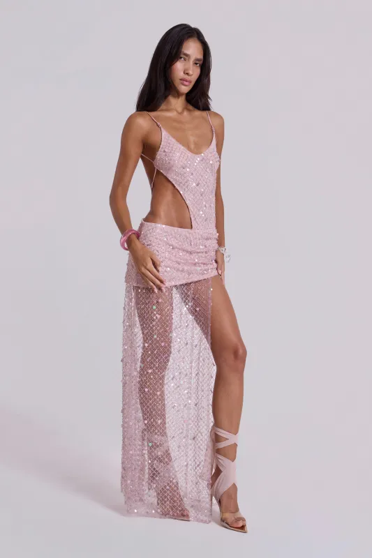 Stellar Asymmetric Hand Beaded Maxi Dress in Pink sold by Jaded London