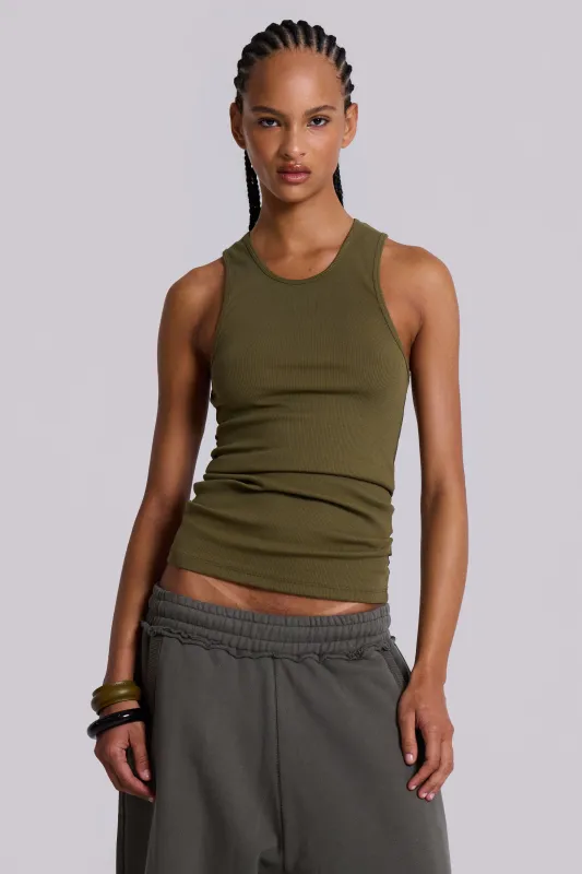 Khaki Rib Longline Vest sold by Jaded London