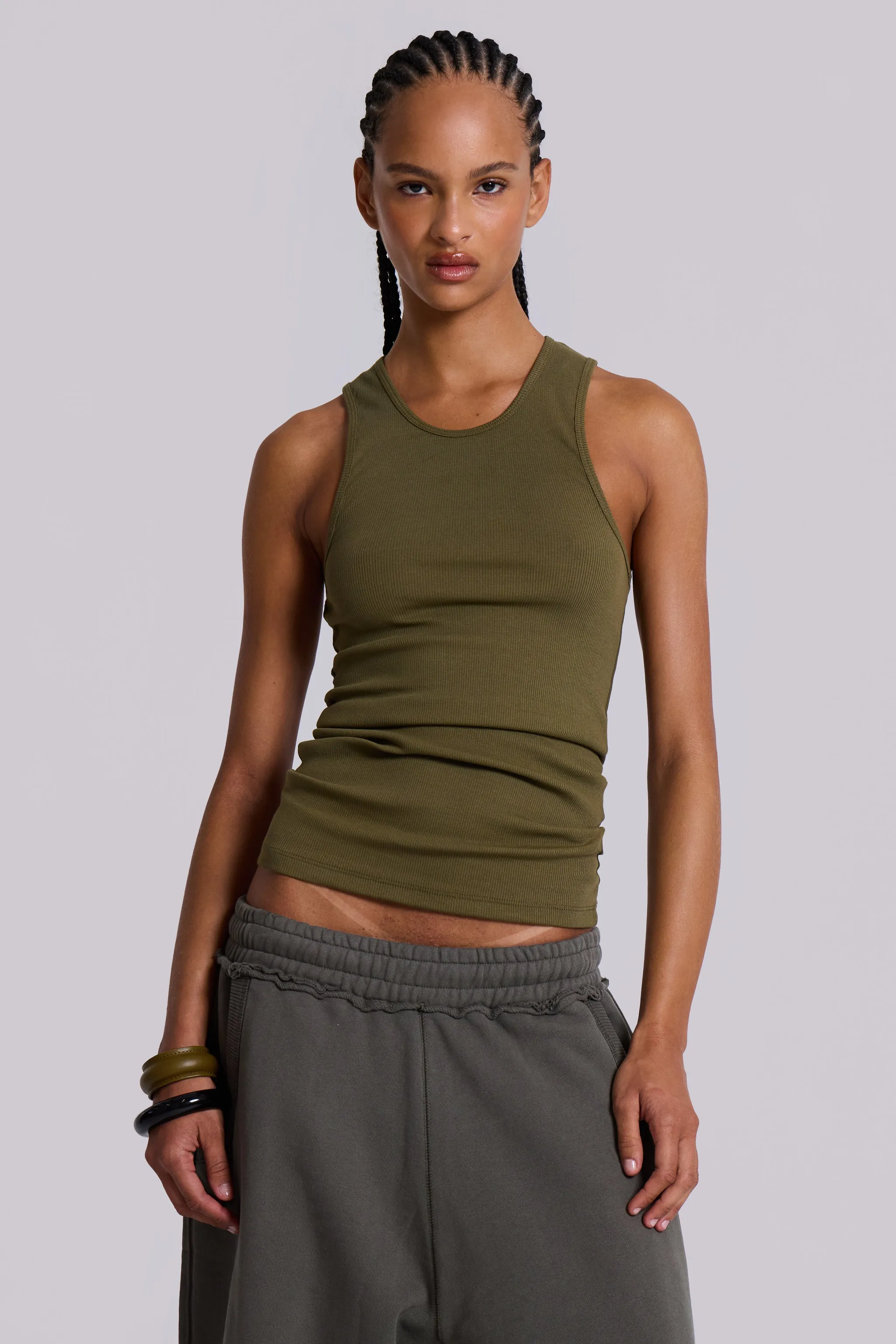 Khaki Rib Longline Vest sold by Jaded London