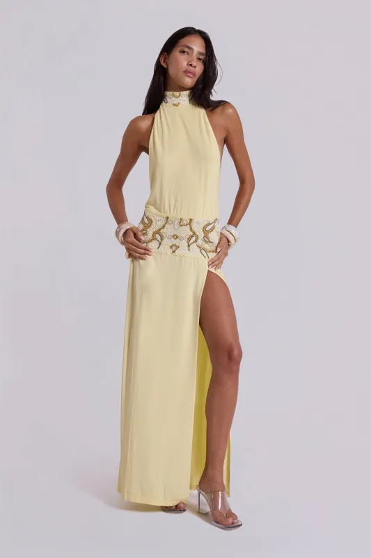 Darya Hand Beaded Backless Maxi Dress in Butter sold by Jaded London