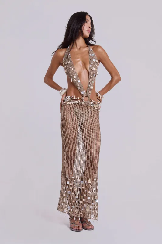 Vida Backless Crochet Maxi Dress with Shells sold by Jaded London