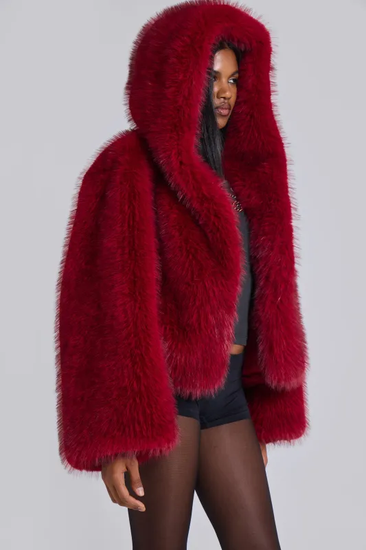 Mara Oversized Faux Fur Coat in Red sold by Jaded London