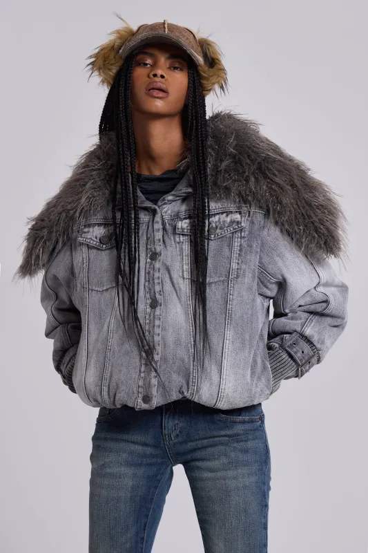 Alloy Denim Bomber Jacket in Grey sold by Jaded London