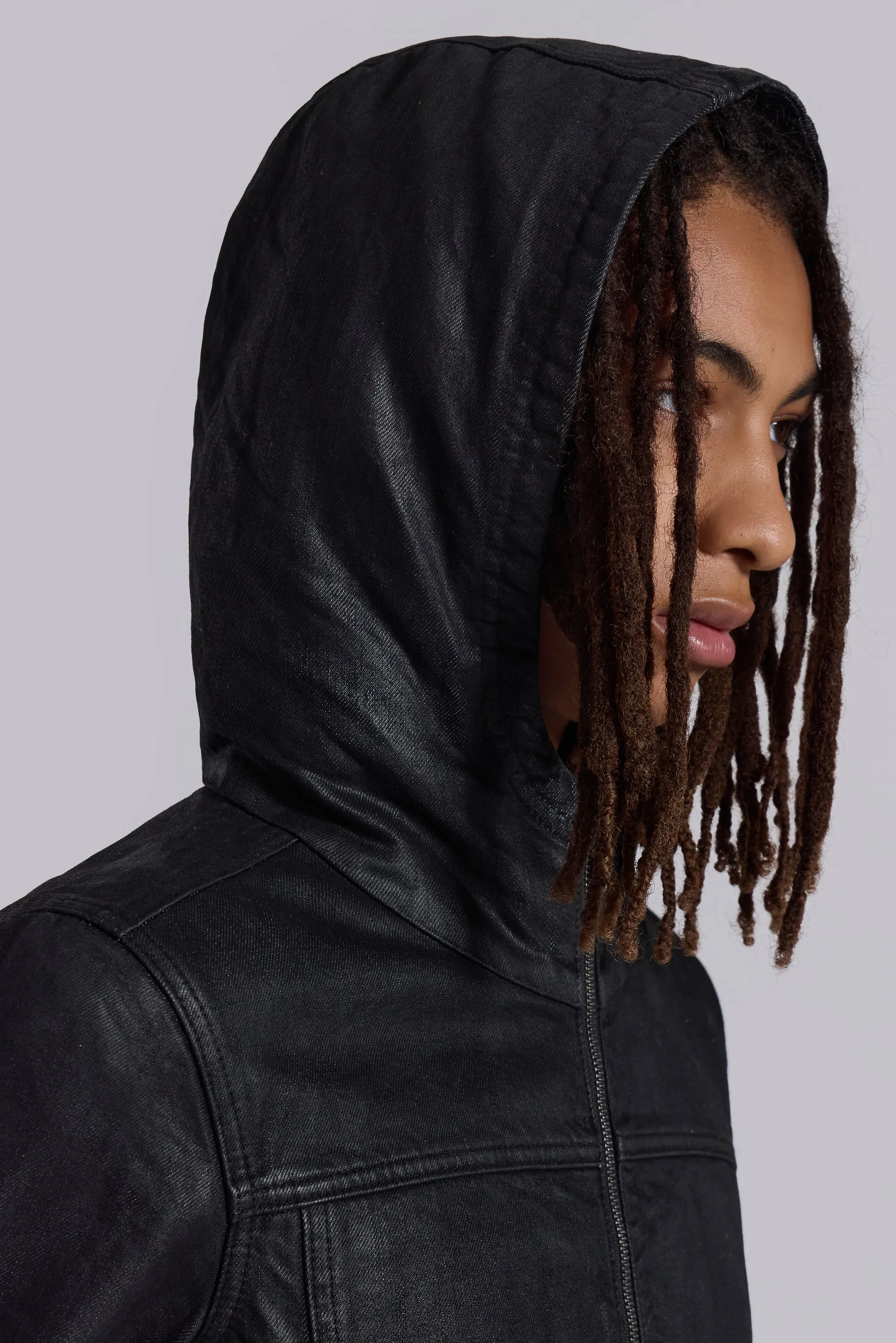 Black Bedrock Waxed Hooded Denim Jacket | Parallel