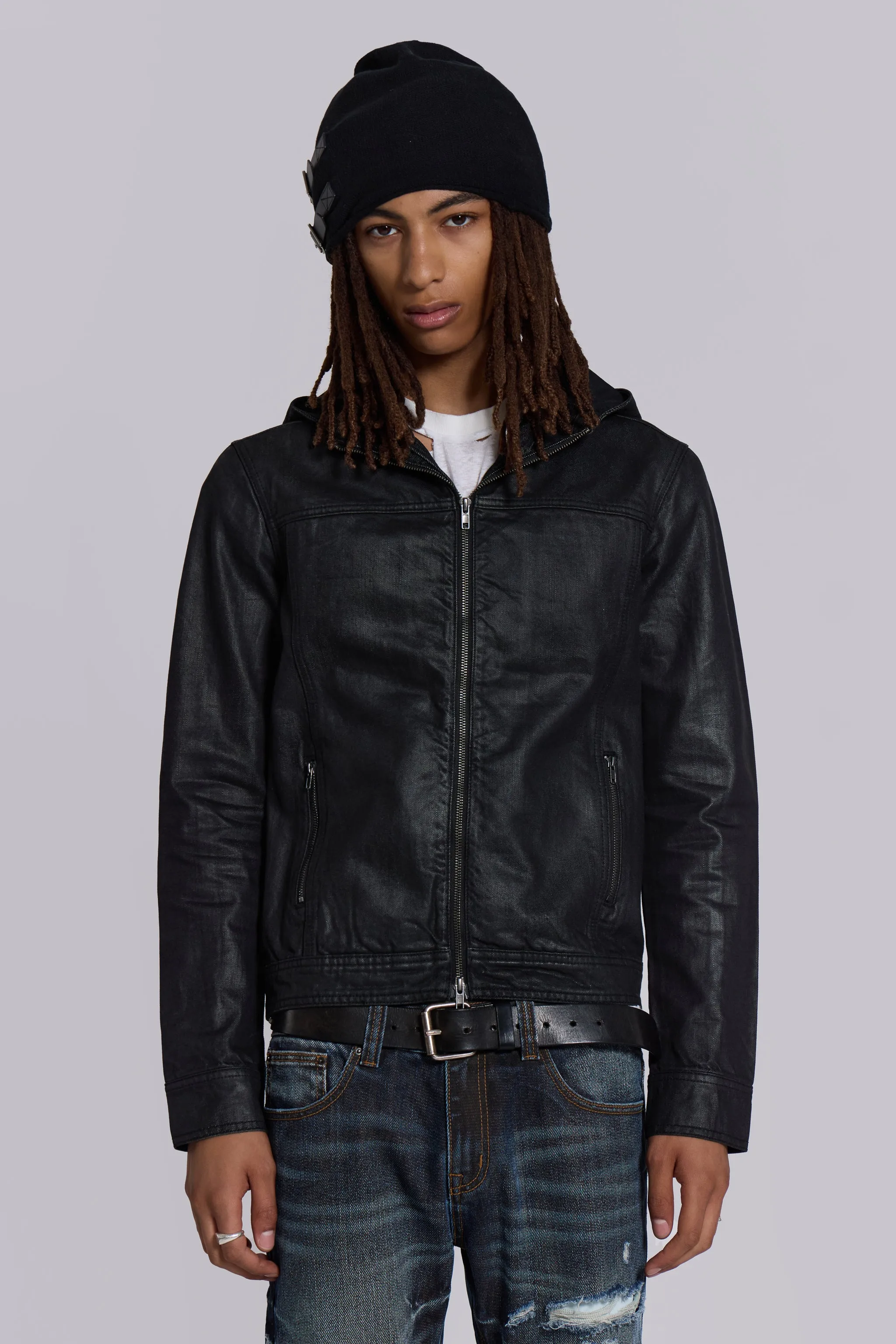 Black Bedrock Waxed Hooded Denim Jacket | Parallel Black Bedrock Waxed Hooded Denim Jacket | Parallel