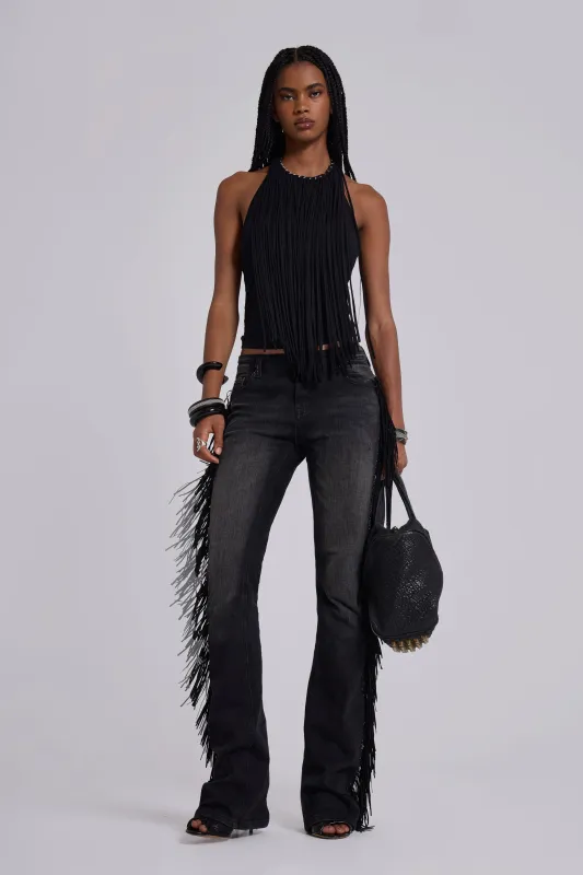 El Topo Fringe Bootcut Jeans in Black Wash sold by Jaded London
