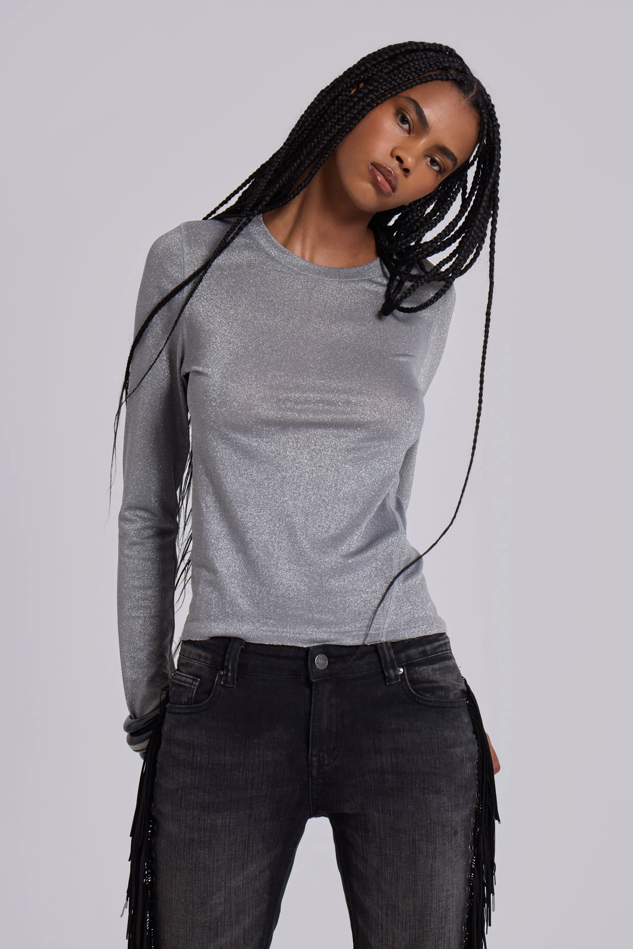 Xeni Glitter Long Sleeve Top in Silver sold by Jaded London