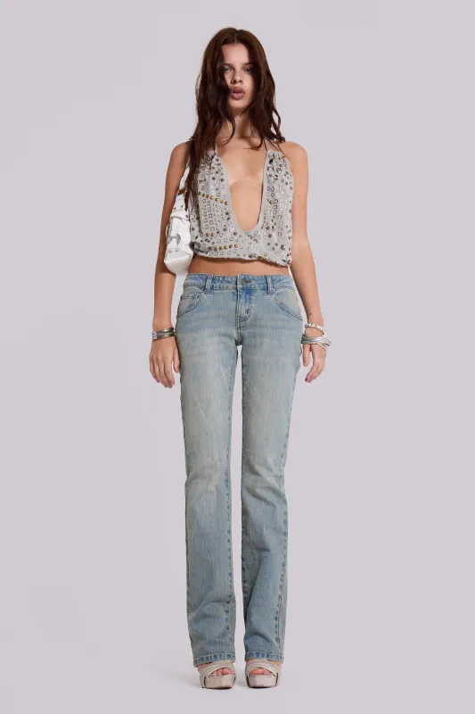 Cassia Cooper Bootcut Jeans in Light Blue sold by Jaded London