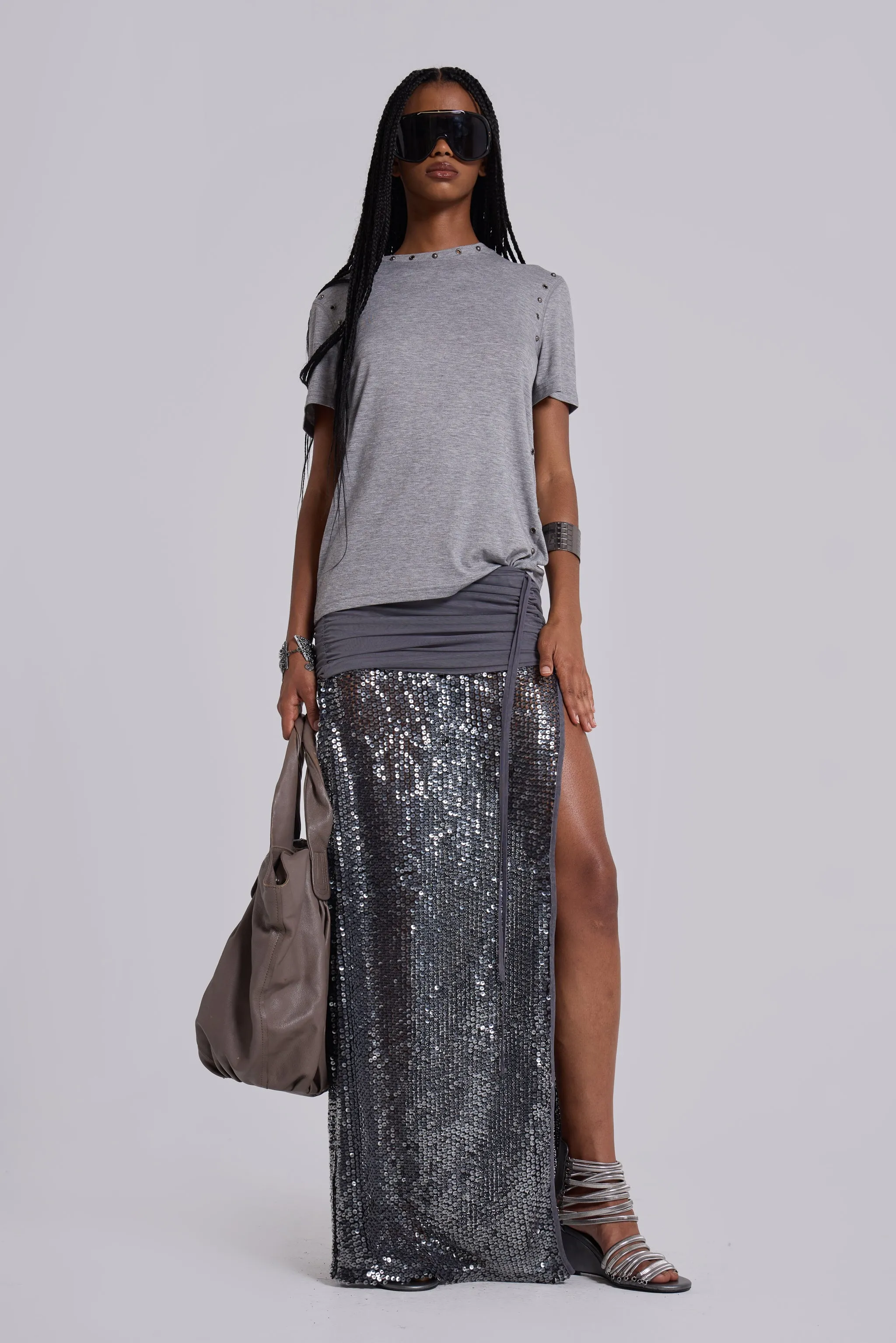 Studded Grey Marl Mist T-Shirt sold by Jaded London