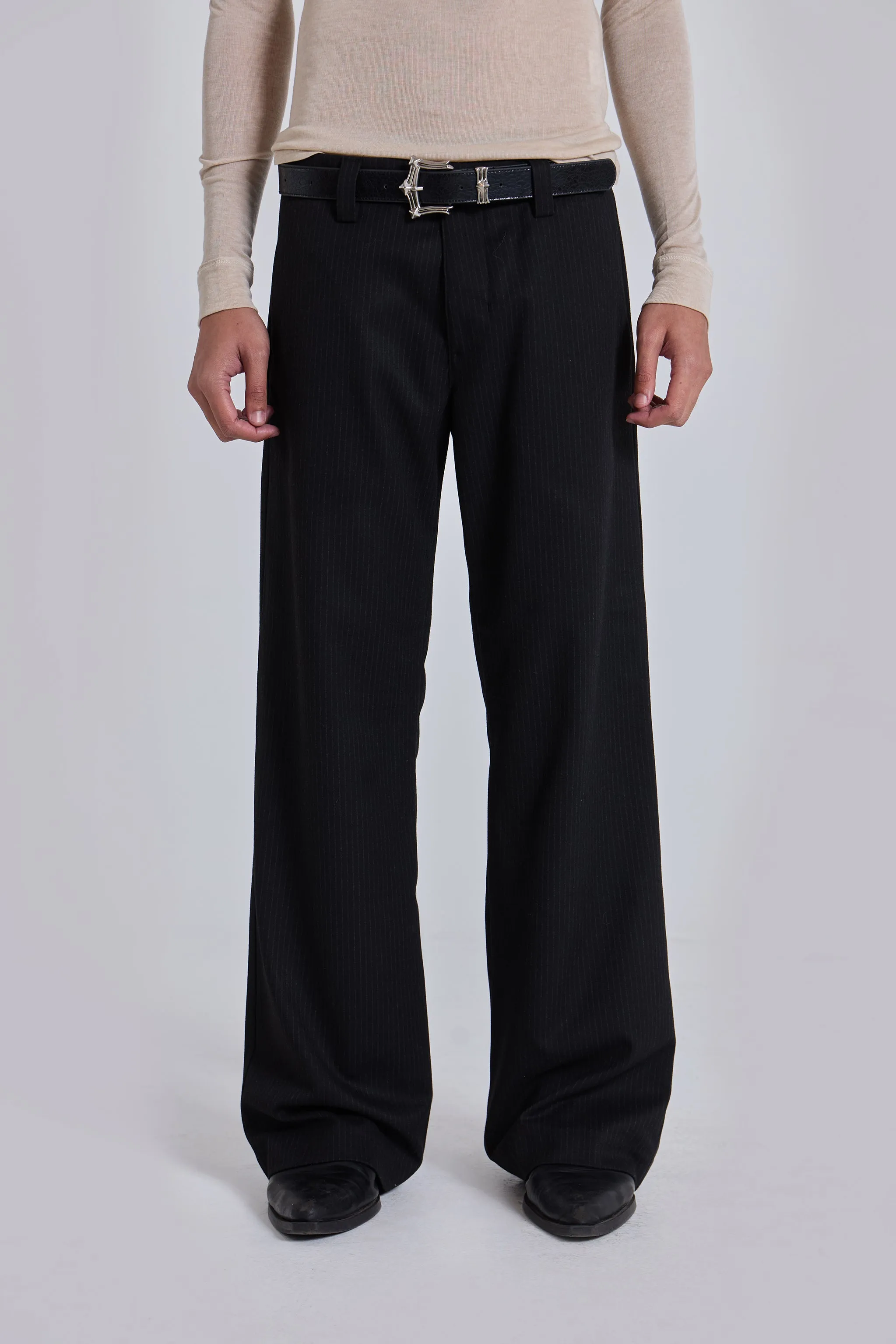 Black Pinstripe Stacked Straight Suit Pants sold by Jaded London