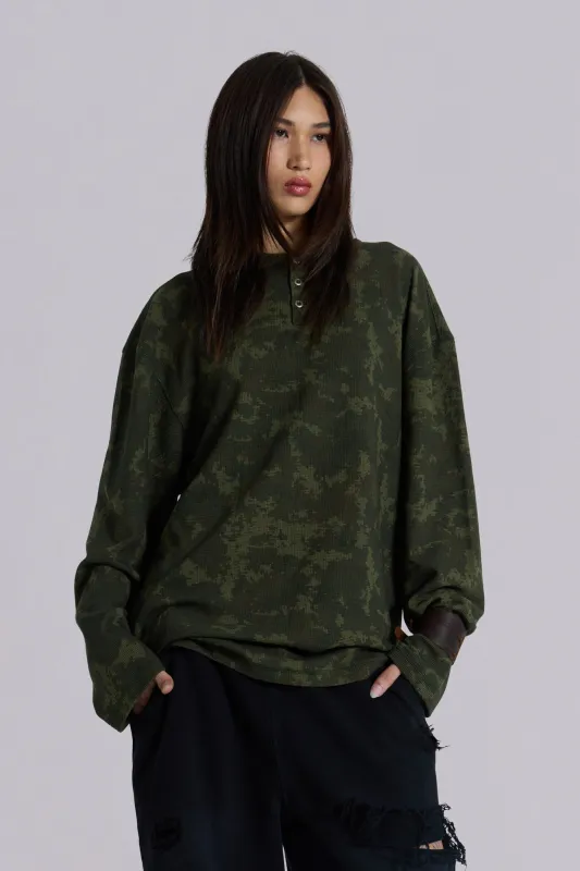 Digi Camo Waffle Henley Top sold by Jaded London